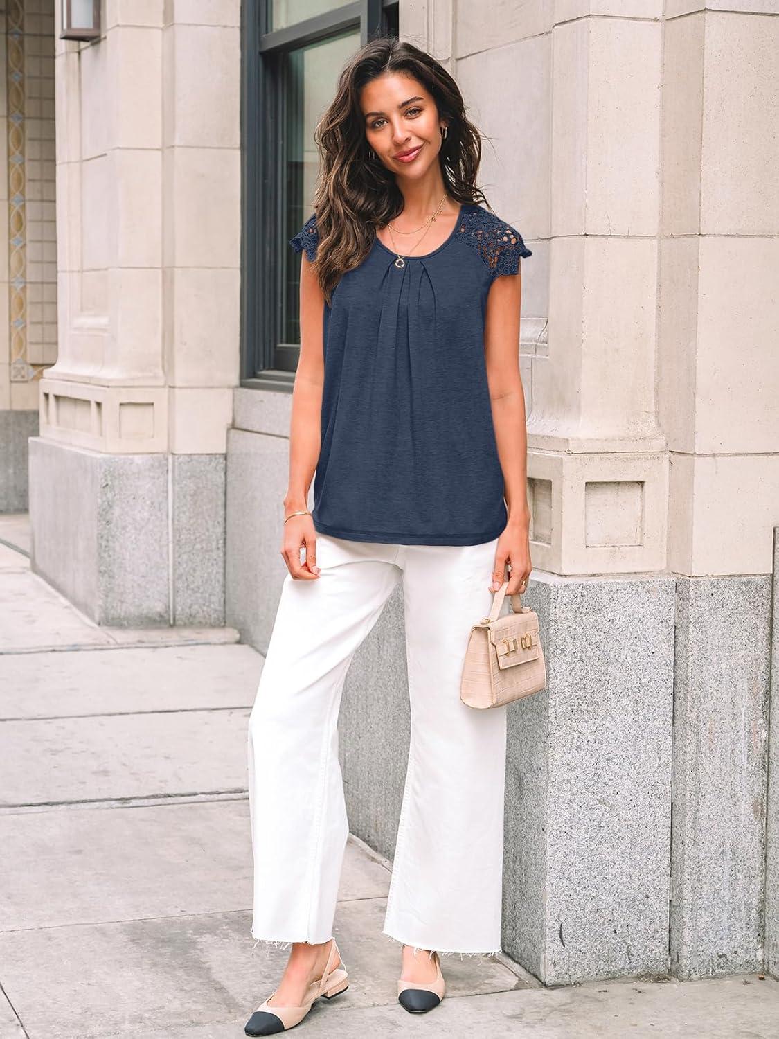 imageAUTOMET Womens Lace Tops Pleated Short Sleeve Shirts Summer Business Casual Dressy BlousesNavy