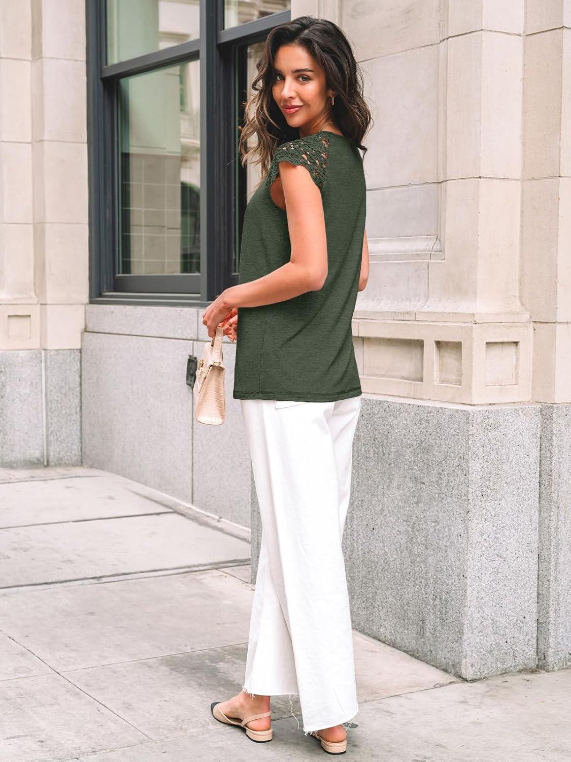 imageAUTOMET Womens Lace Tops Pleated Short Sleeve Shirts Summer Business Casual Dressy BlousesOlive