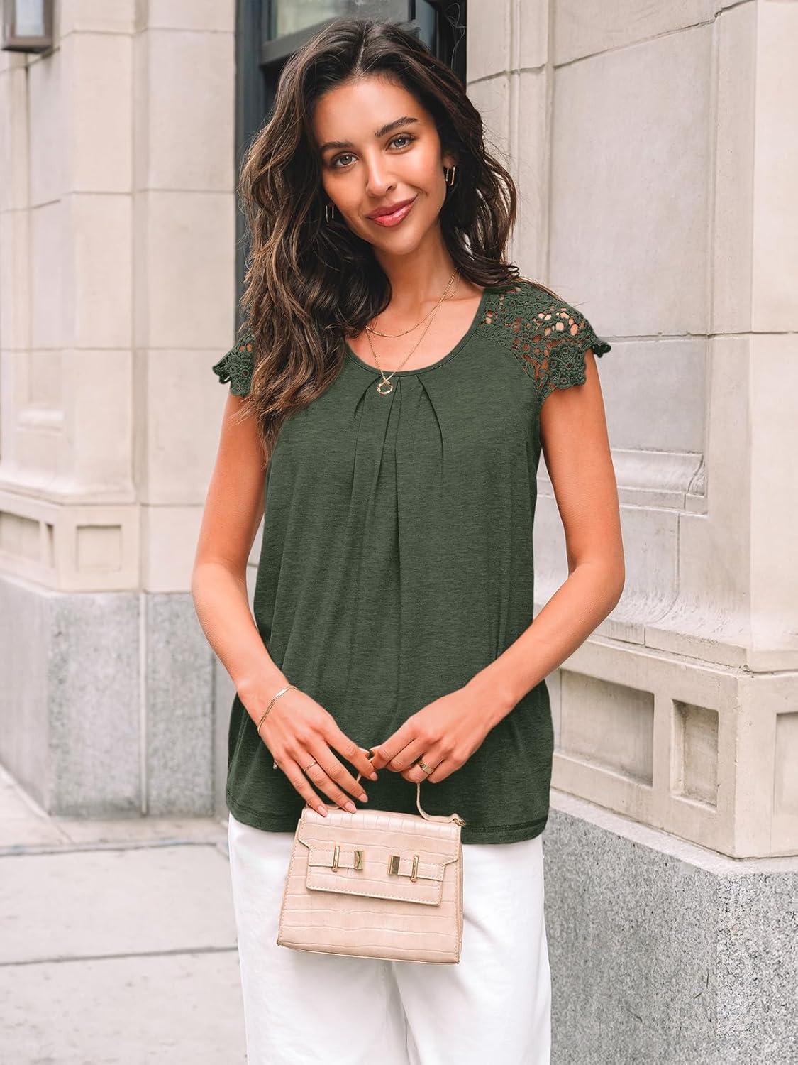 imageAUTOMET Womens Lace Tops Pleated Short Sleeve Shirts Summer Business Casual Dressy BlousesOlive