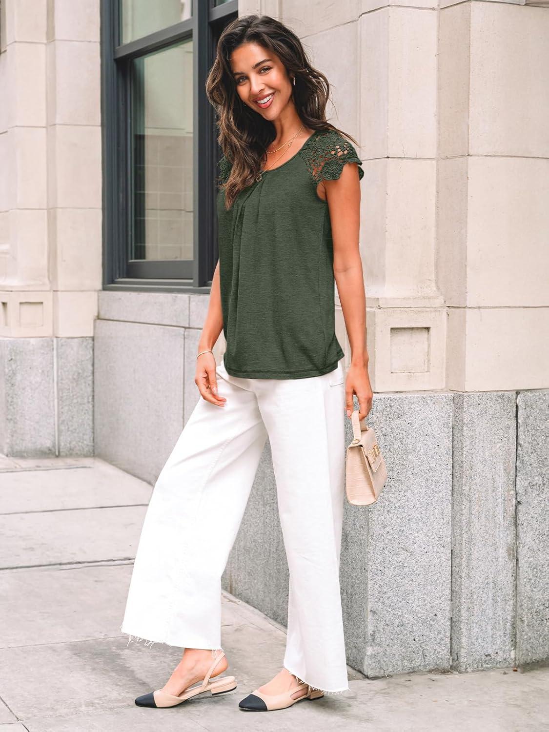 imageAUTOMET Womens Lace Tops Pleated Short Sleeve Shirts Summer Business Casual Dressy BlousesOlive