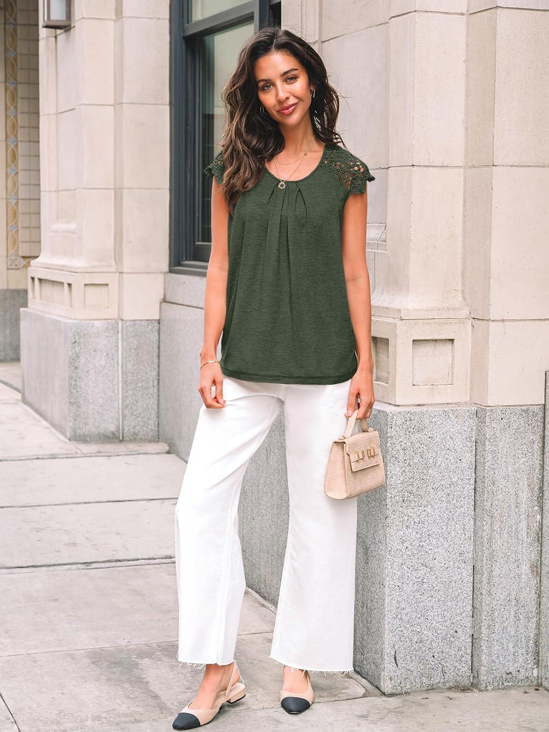 imageAUTOMET Womens Lace Tops Pleated Short Sleeve Shirts Summer Business Casual Dressy BlousesOlive