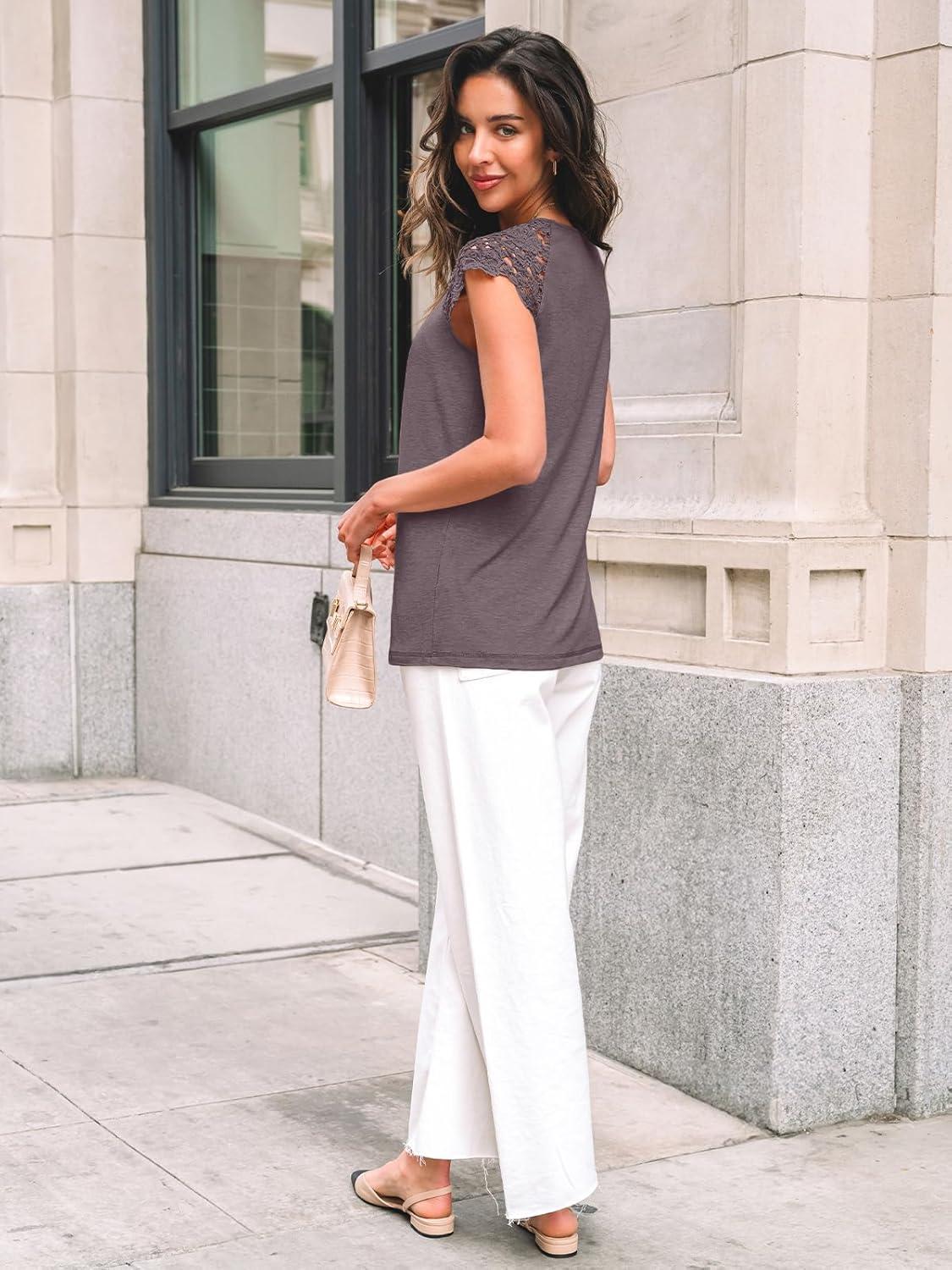 imageAUTOMET Womens Lace Tops Pleated Short Sleeve Shirts Summer Business Casual Dressy BlousesRose Taupe