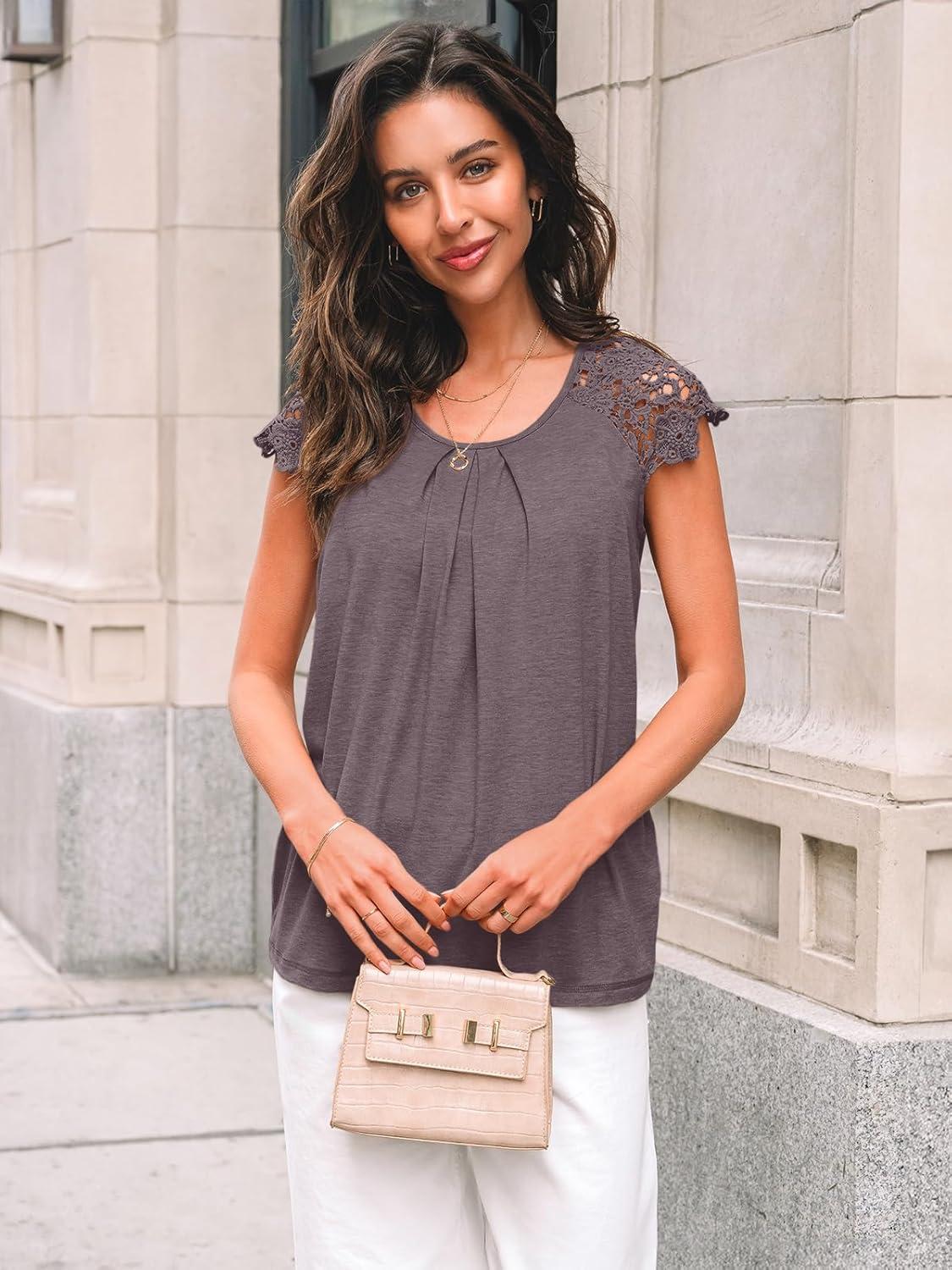 imageAUTOMET Womens Lace Tops Pleated Short Sleeve Shirts Summer Business Casual Dressy BlousesRose Taupe