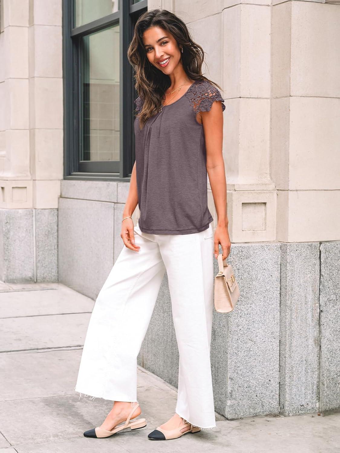 imageAUTOMET Womens Lace Tops Pleated Short Sleeve Shirts Summer Business Casual Dressy BlousesRose Taupe