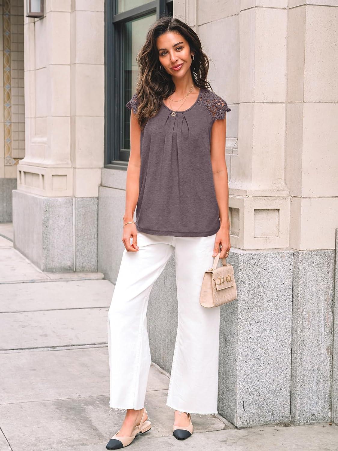 imageAUTOMET Womens Lace Tops Pleated Short Sleeve Shirts Summer Business Casual Dressy BlousesRose Taupe