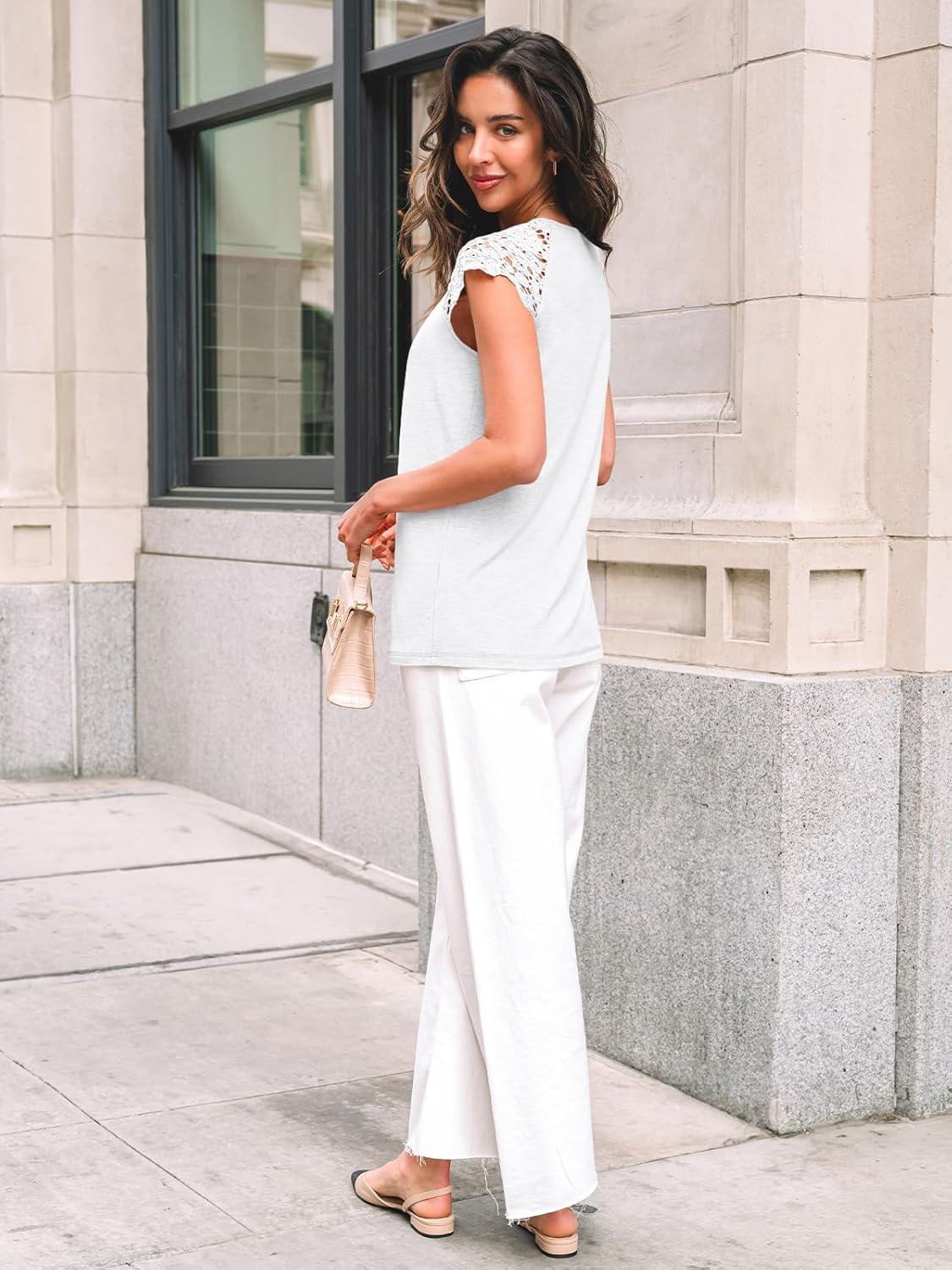 imageAUTOMET Womens Lace Tops Pleated Short Sleeve Shirts Summer Business Casual Dressy BlousesWhite