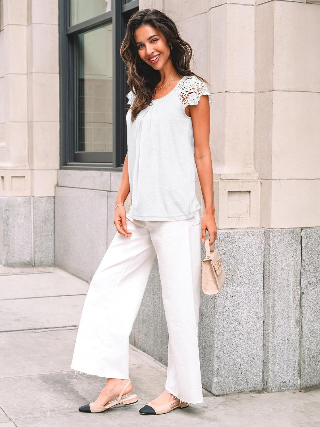 imageAUTOMET Womens Lace Tops Pleated Short Sleeve Shirts Summer Business Casual Dressy BlousesWhite