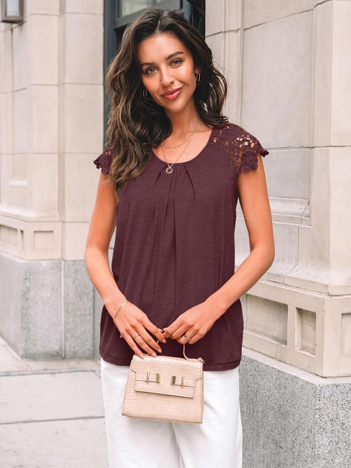 imageAUTOMET Womens Lace Tops Pleated Short Sleeve Shirts Summer Business Casual Dressy BlousesWine