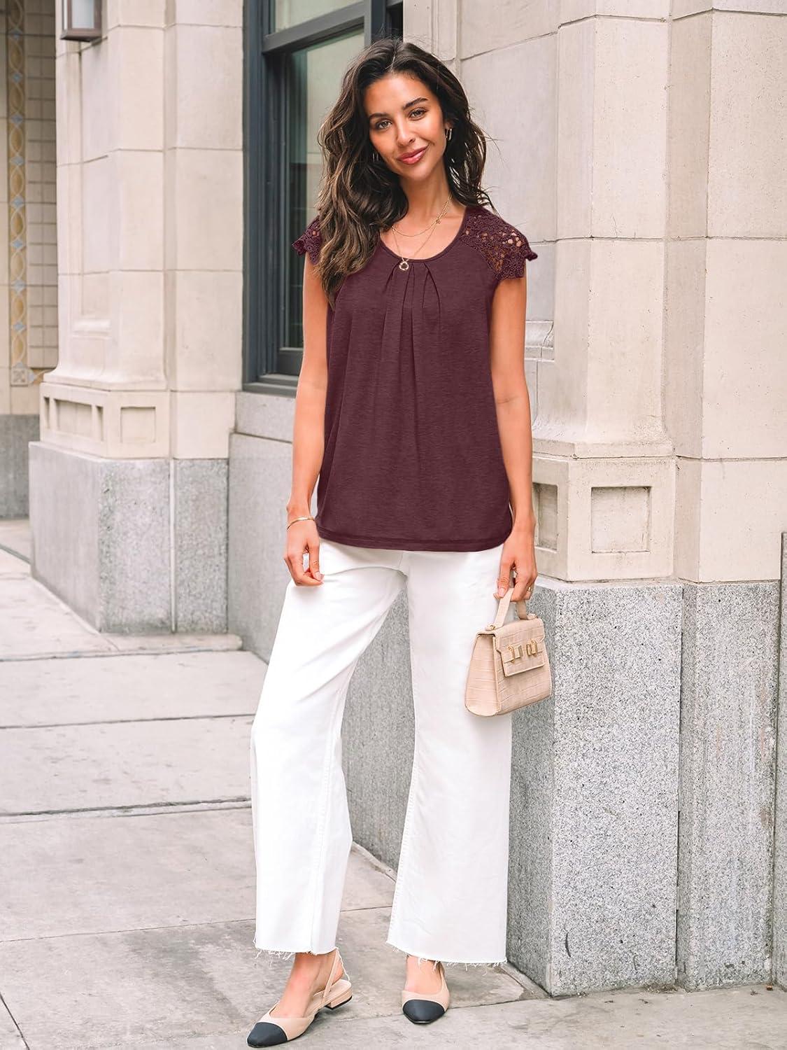 imageAUTOMET Womens Lace Tops Pleated Short Sleeve Shirts Summer Business Casual Dressy BlousesWine