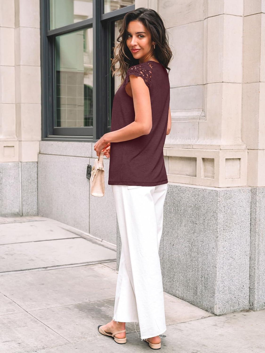 imageAUTOMET Womens Lace Tops Pleated Short Sleeve Shirts Summer Business Casual Dressy BlousesWine