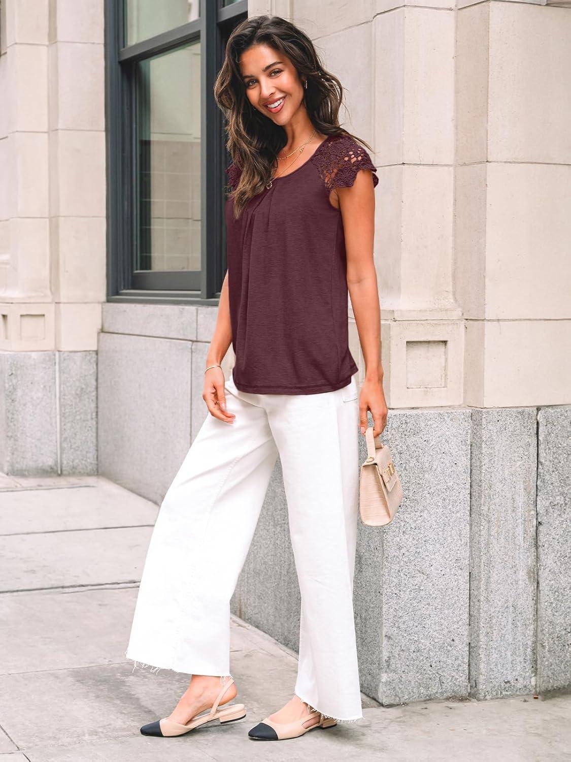 imageAUTOMET Womens Lace Tops Pleated Short Sleeve Shirts Summer Business Casual Dressy BlousesWine