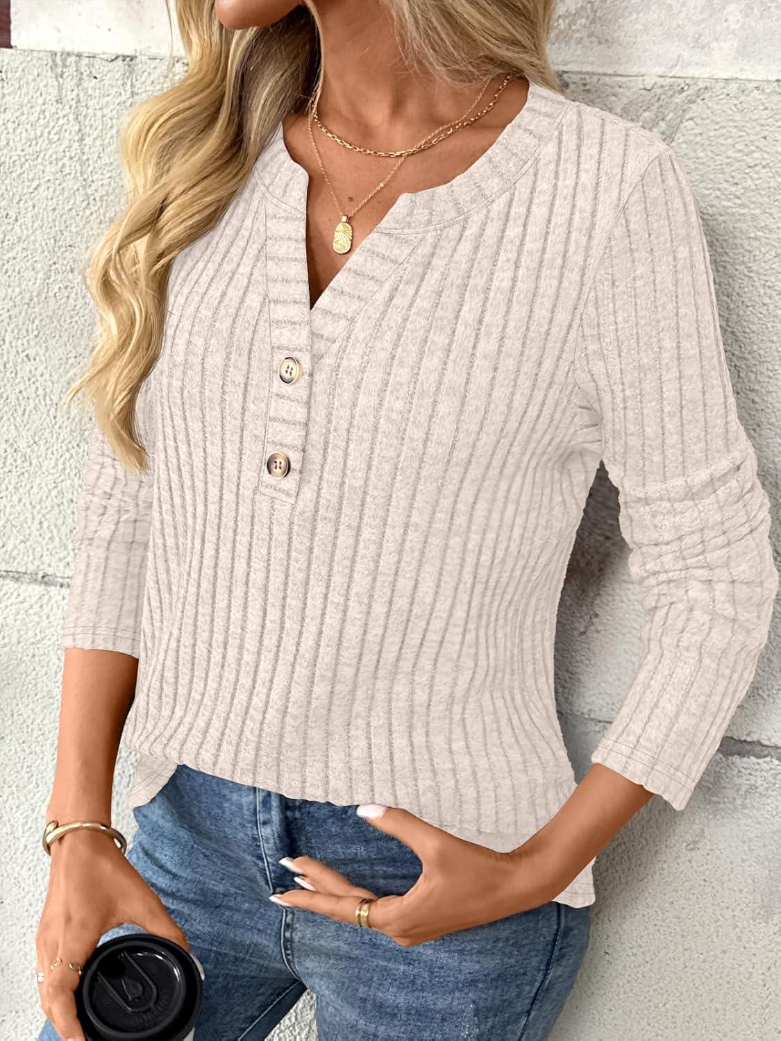 imageAUTOMET Womens Long Sleeve Henley Shirts Fall Lightweight Sweaters Dressy Casual Tunic Tops Fashion Clothes 2025Beige