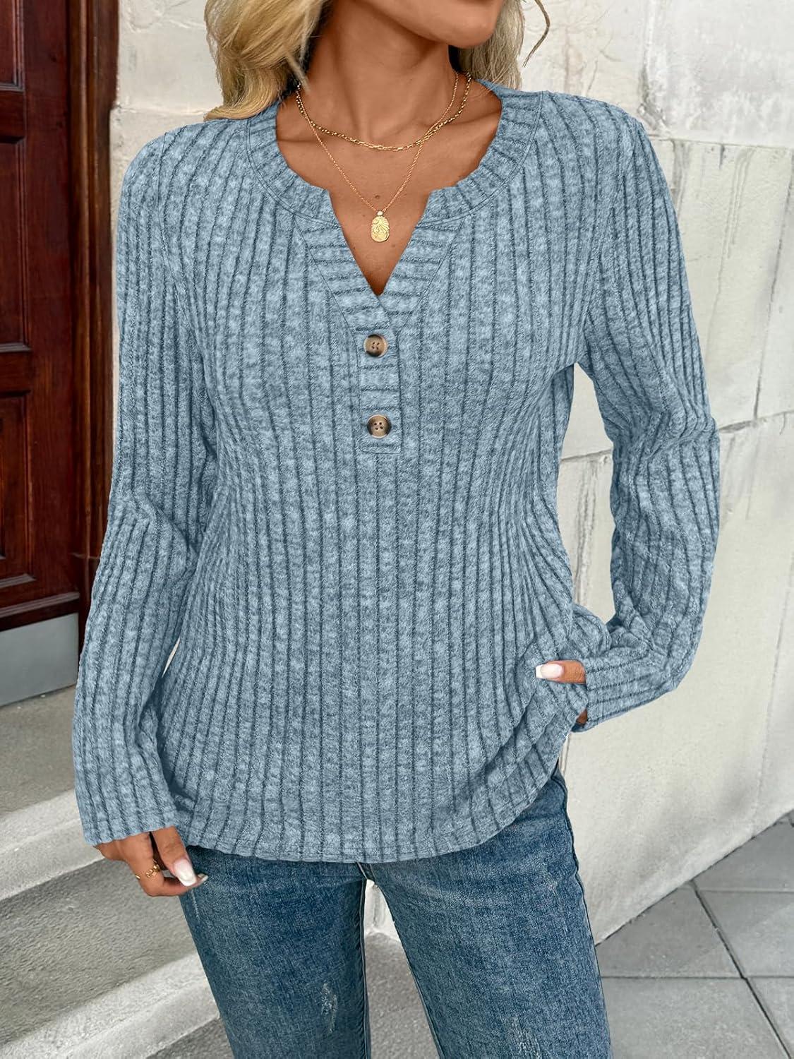 imageAUTOMET Womens Long Sleeve Henley Shirts Fall Lightweight Sweaters Dressy Casual Tunic Tops Fashion Clothes 2025Lightblue