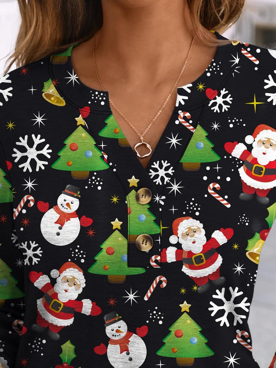 imageAUTOMET Womens Long Sleeve Shirts 2025 Fall Fashion Dressy Casual Tops Trendy Henley Blouses Cute Work Outfits ClothesBlack Christmas Print