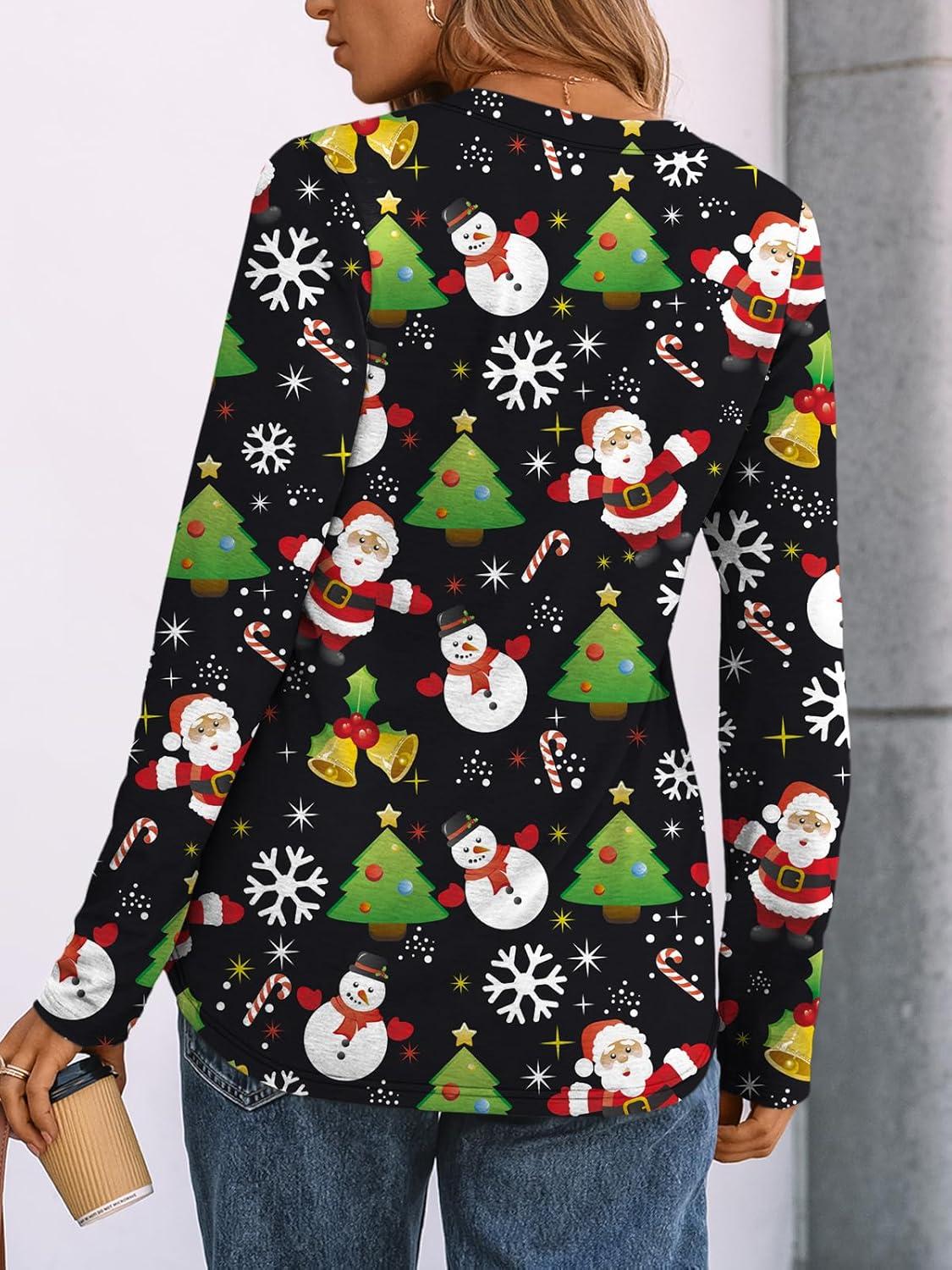 imageAUTOMET Womens Long Sleeve Shirts 2025 Fall Fashion Dressy Casual Tops Trendy Henley Blouses Cute Work Outfits ClothesBlack Christmas Print