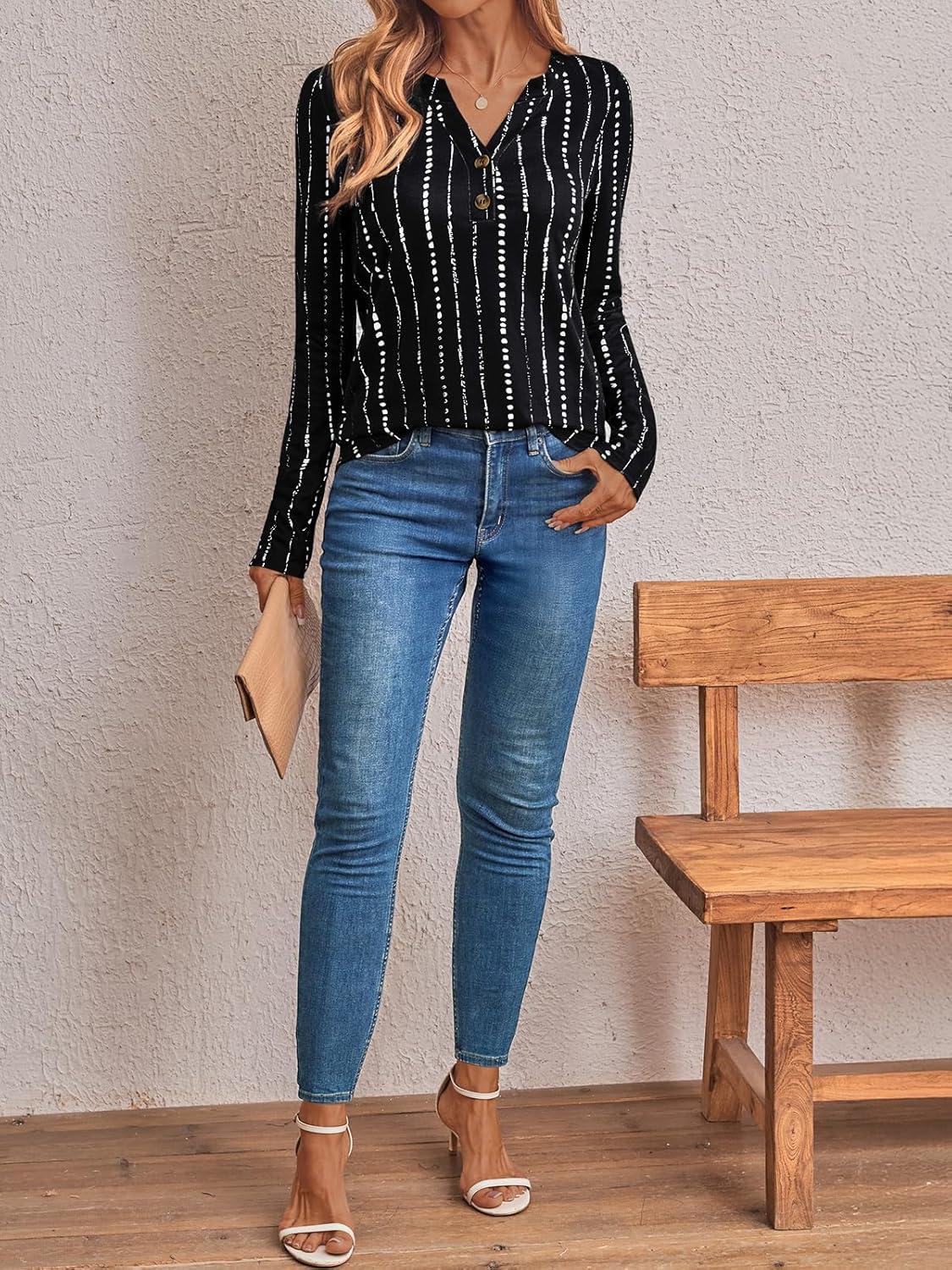 imageAUTOMET Womens Long Sleeve Shirts 2025 Fall Fashion Dressy Casual Tops Trendy Henley Blouses Cute Work Outfits ClothesBlack Dot Line