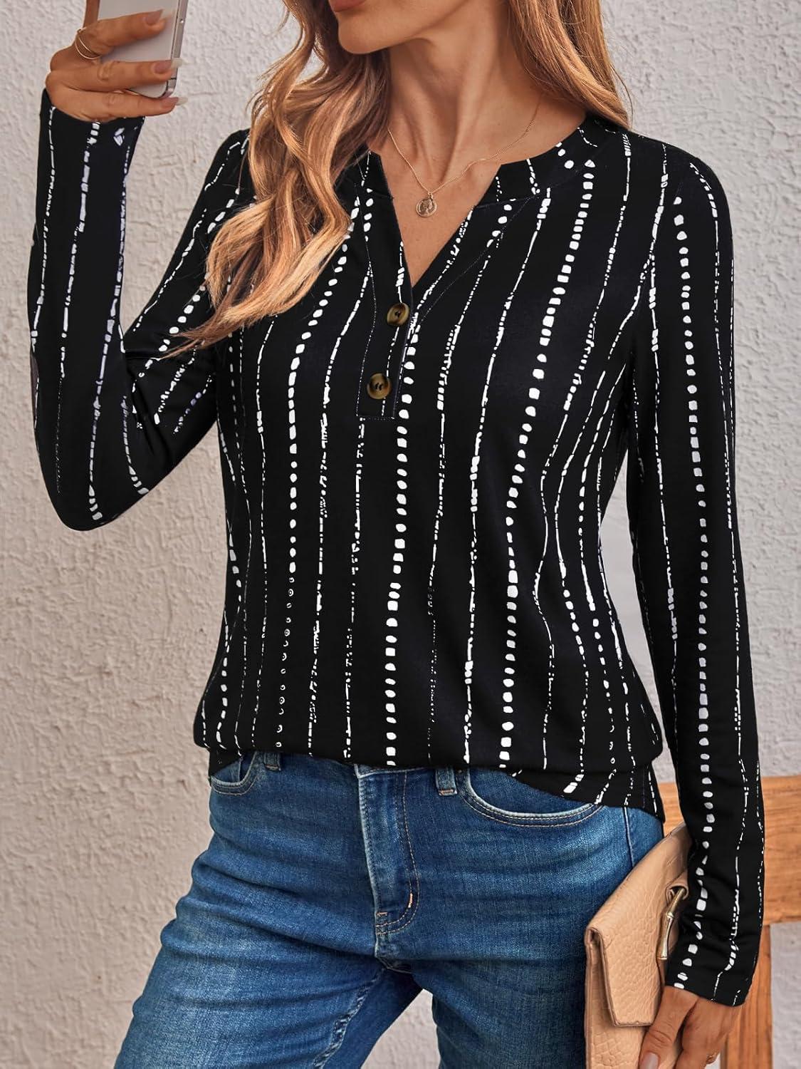 imageAUTOMET Womens Long Sleeve Shirts 2025 Fall Fashion Dressy Casual Tops Trendy Henley Blouses Cute Work Outfits ClothesBlack Dot Line