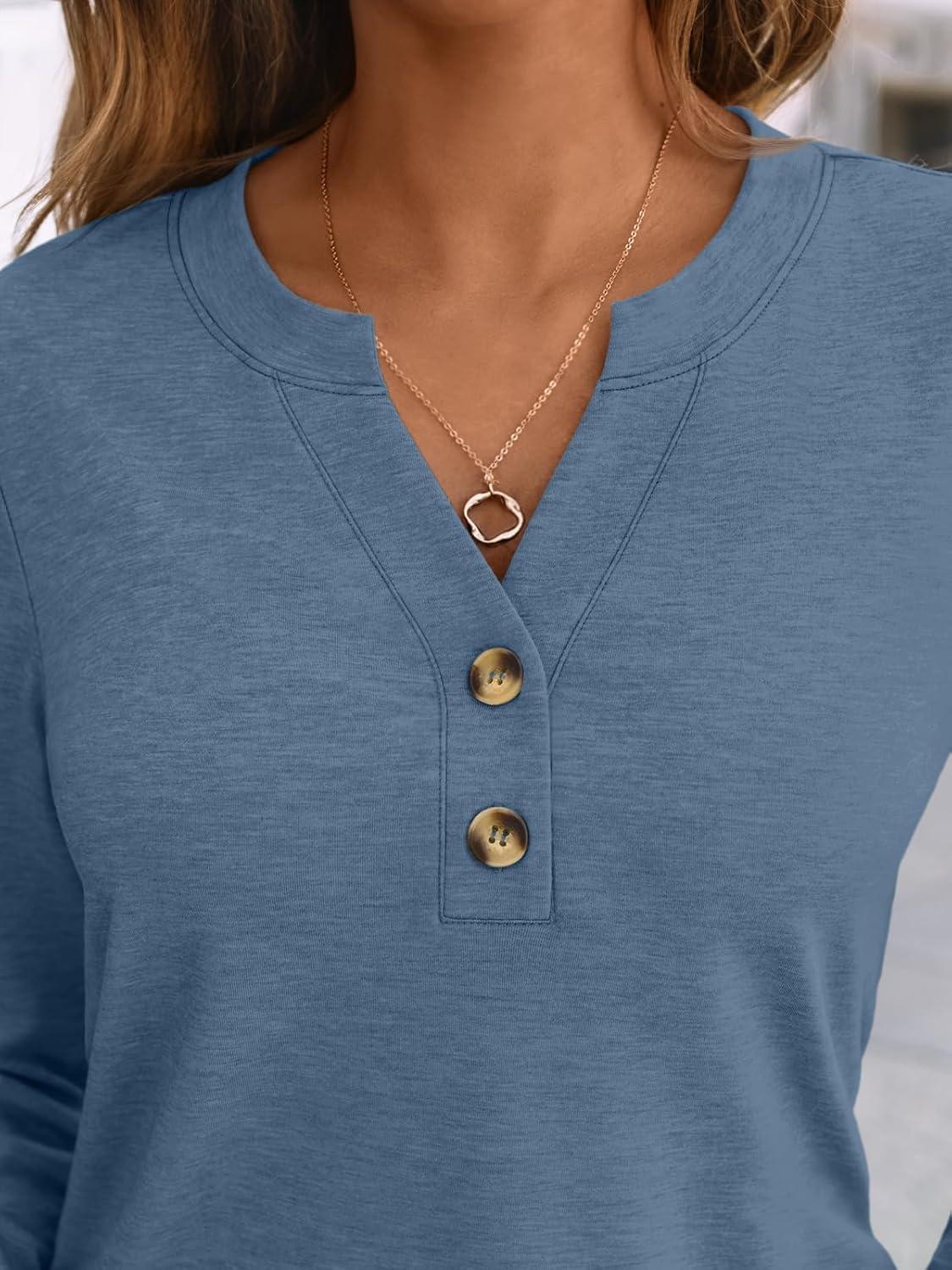 imageAUTOMET Womens Long Sleeve Shirts 2025 Fall Fashion Dressy Casual Tops Trendy Henley Blouses Cute Work Outfits ClothesBlue