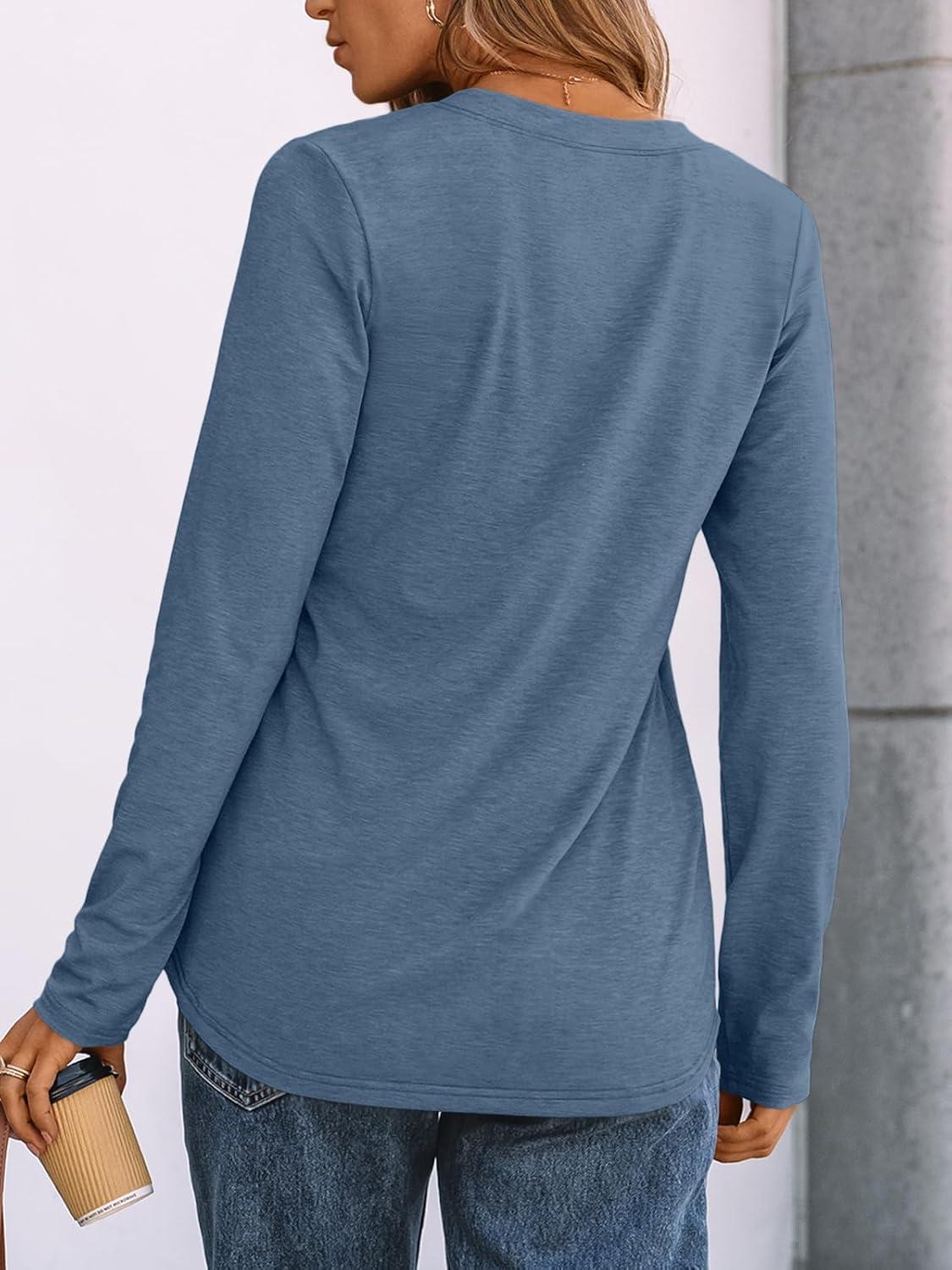 imageAUTOMET Womens Long Sleeve Shirts 2025 Fall Fashion Dressy Casual Tops Trendy Henley Blouses Cute Work Outfits ClothesBlue