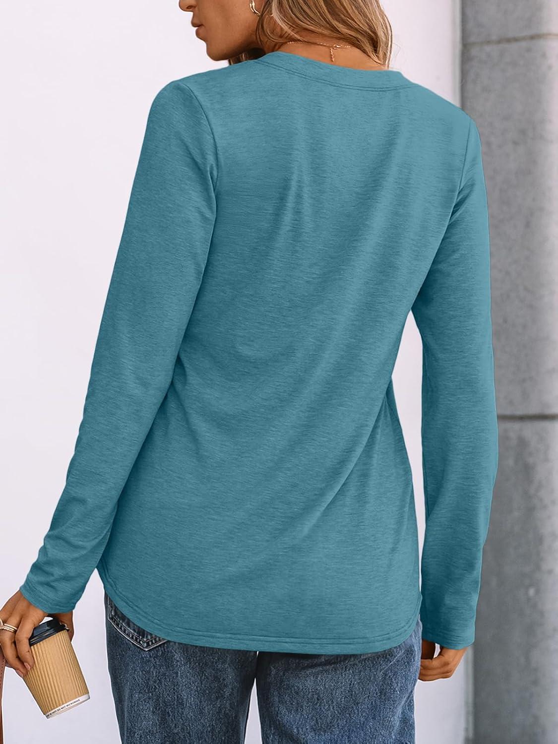 imageAUTOMET Womens Long Sleeve Shirts 2025 Fall Fashion Dressy Casual Tops Trendy Henley Blouses Cute Work Outfits ClothesBlue Green