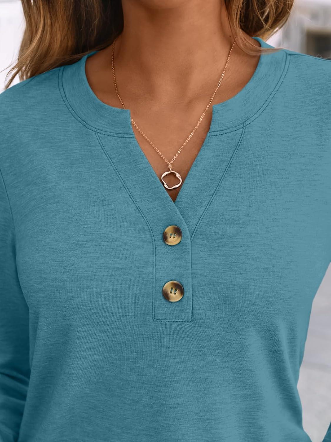 imageAUTOMET Womens Long Sleeve Shirts 2025 Fall Fashion Dressy Casual Tops Trendy Henley Blouses Cute Work Outfits ClothesBlue Green