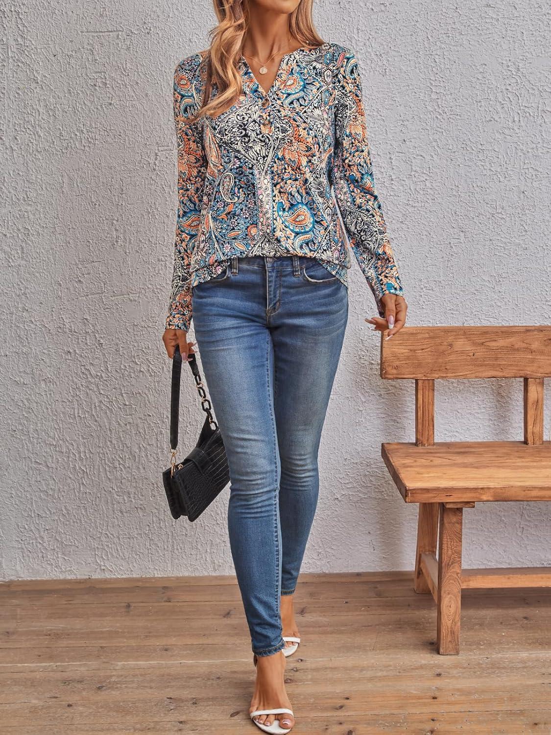 imageAUTOMET Womens Long Sleeve Shirts 2025 Fall Fashion Dressy Casual Tops Trendy Henley Blouses Cute Work Outfits ClothesBoho Blue