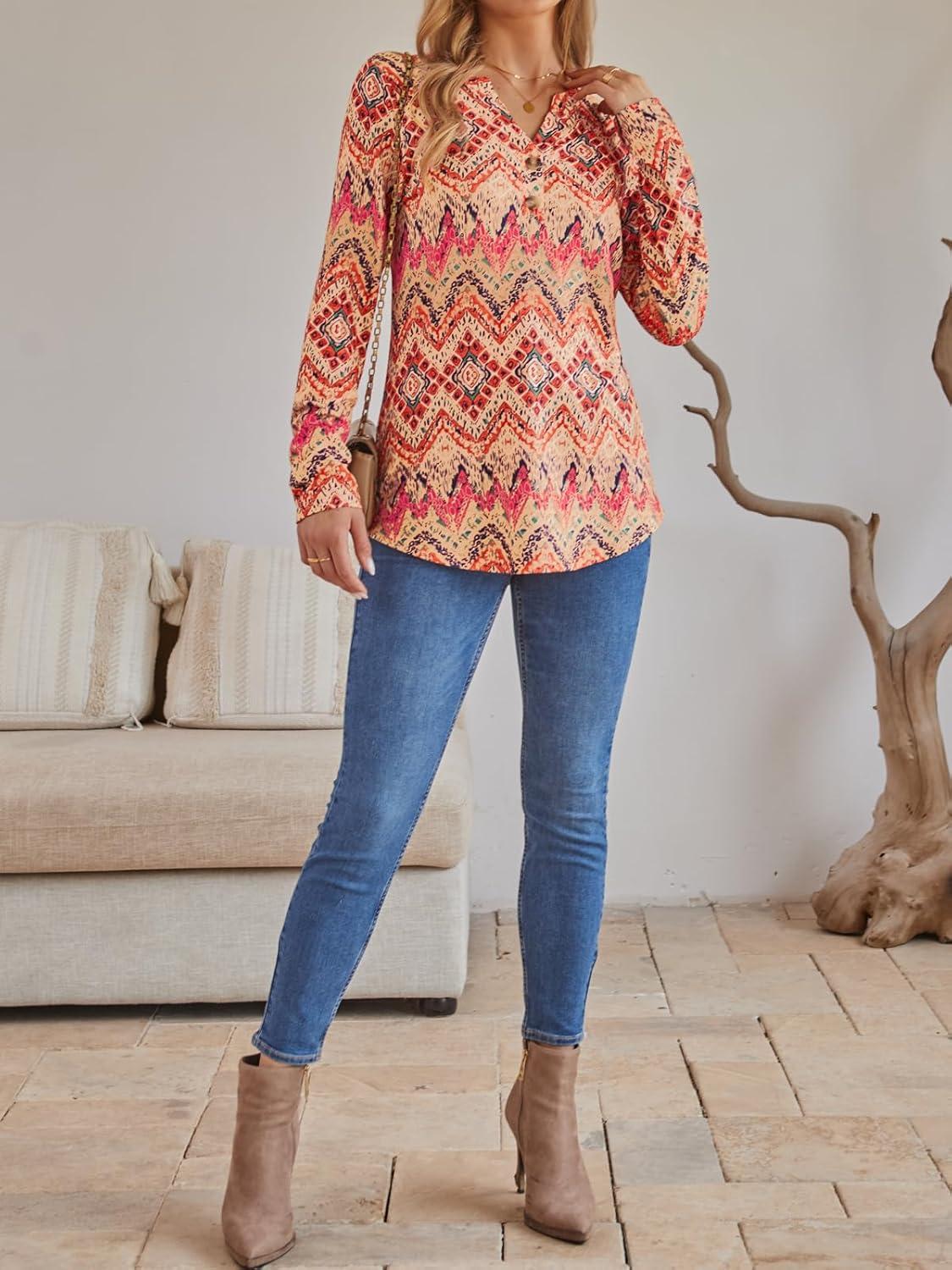 imageAUTOMET Womens Long Sleeve Shirts 2025 Fall Fashion Dressy Casual Tops Trendy Henley Blouses Cute Work Outfits ClothesBoho Orange