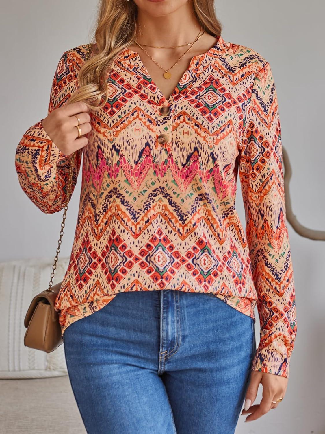 imageAUTOMET Womens Long Sleeve Shirts 2025 Fall Fashion Dressy Casual Tops Trendy Henley Blouses Cute Work Outfits ClothesBoho Orange