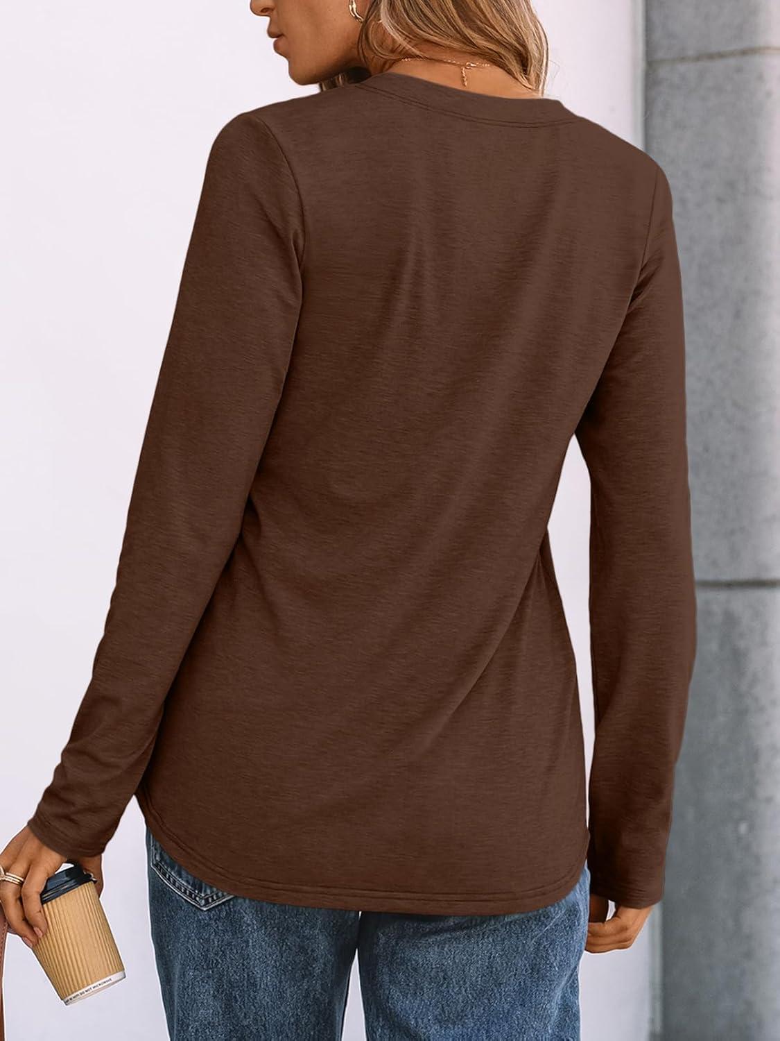 imageAUTOMET Womens Long Sleeve Shirts 2025 Fall Fashion Dressy Casual Tops Trendy Henley Blouses Cute Work Outfits ClothesChocolate Brown