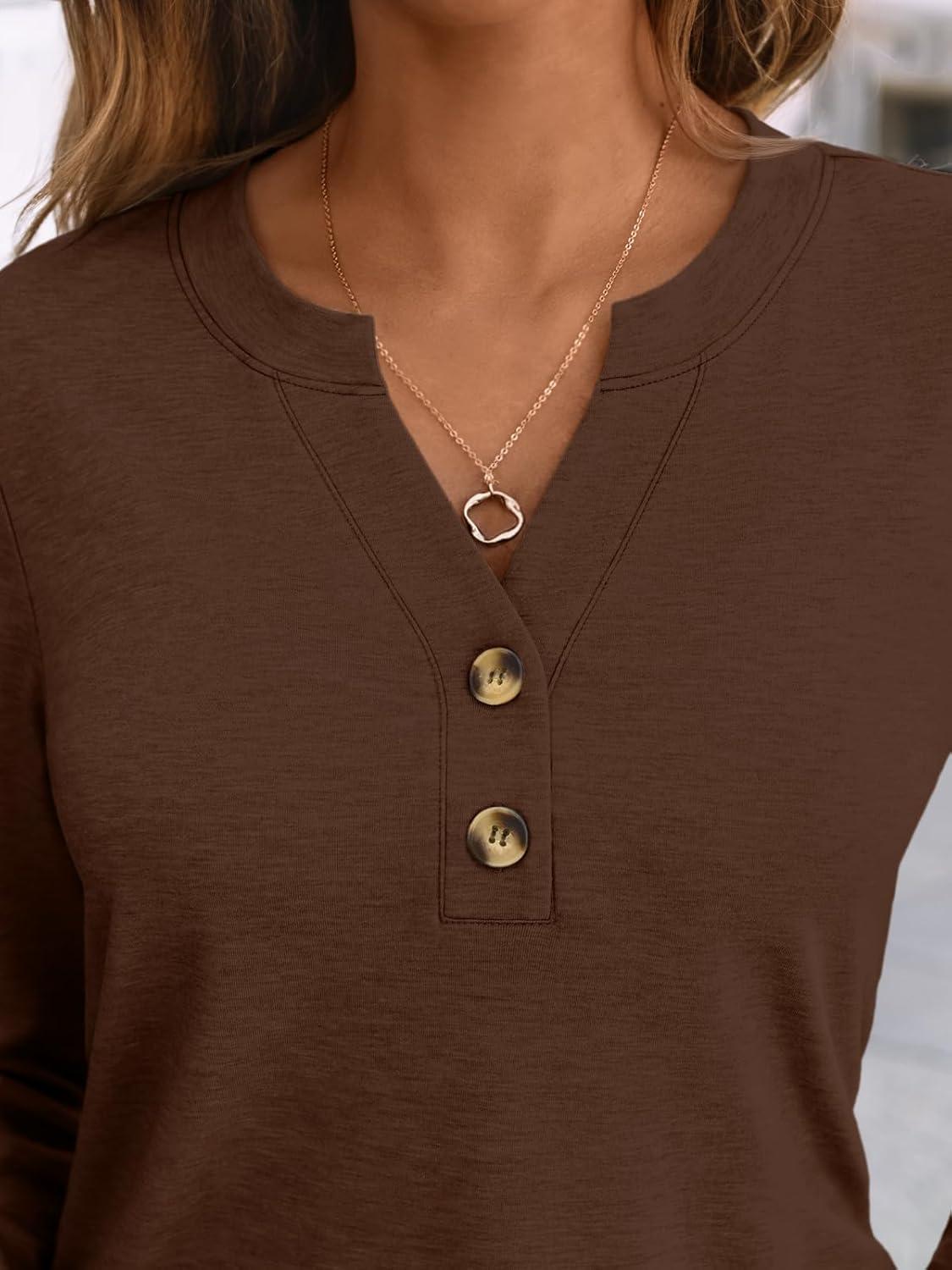 imageAUTOMET Womens Long Sleeve Shirts 2025 Fall Fashion Dressy Casual Tops Trendy Henley Blouses Cute Work Outfits ClothesChocolate Brown