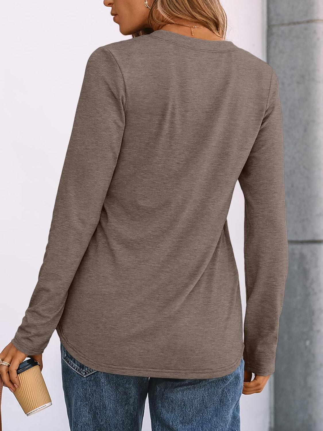 imageAUTOMET Womens Long Sleeve Shirts 2025 Fall Fashion Dressy Casual Tops Trendy Henley Blouses Cute Work Outfits ClothesCoffee Grey