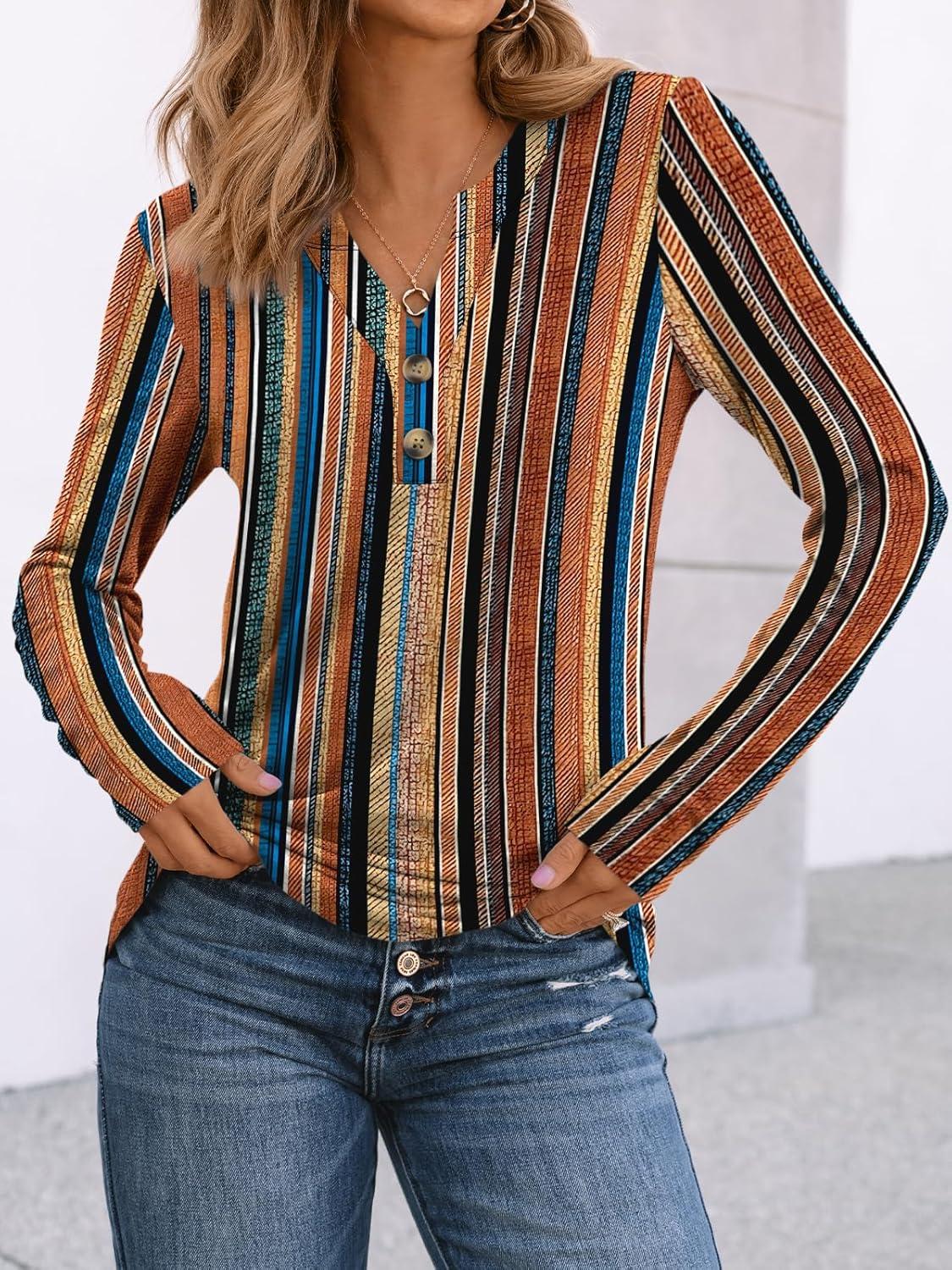 imageAUTOMET Womens Long Sleeve Shirts 2025 Fall Fashion Dressy Casual Tops Trendy Henley Blouses Cute Work Outfits ClothesColorful Stripe