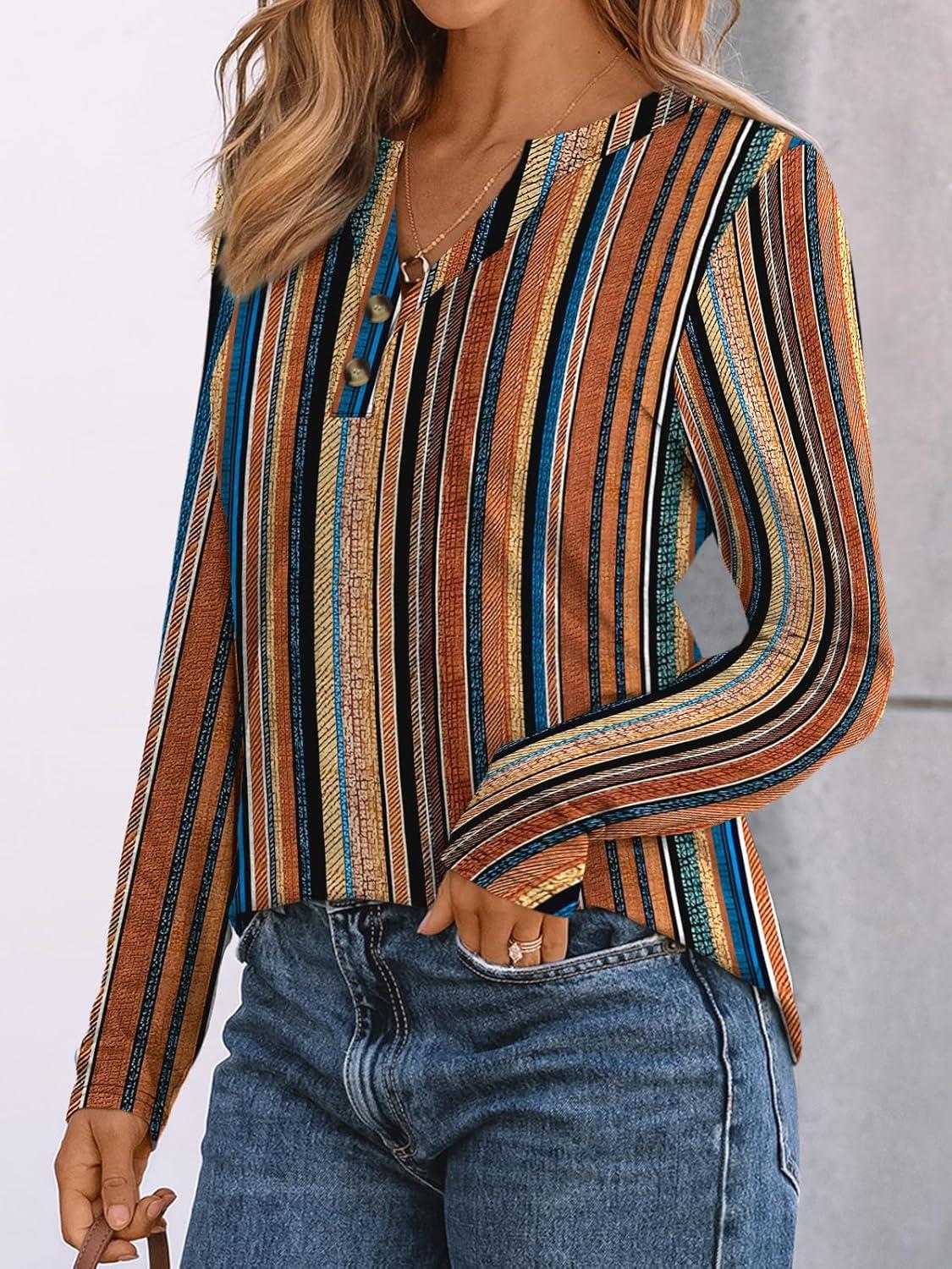 imageAUTOMET Womens Long Sleeve Shirts 2025 Fall Fashion Dressy Casual Tops Trendy Henley Blouses Cute Work Outfits ClothesColorful Stripe