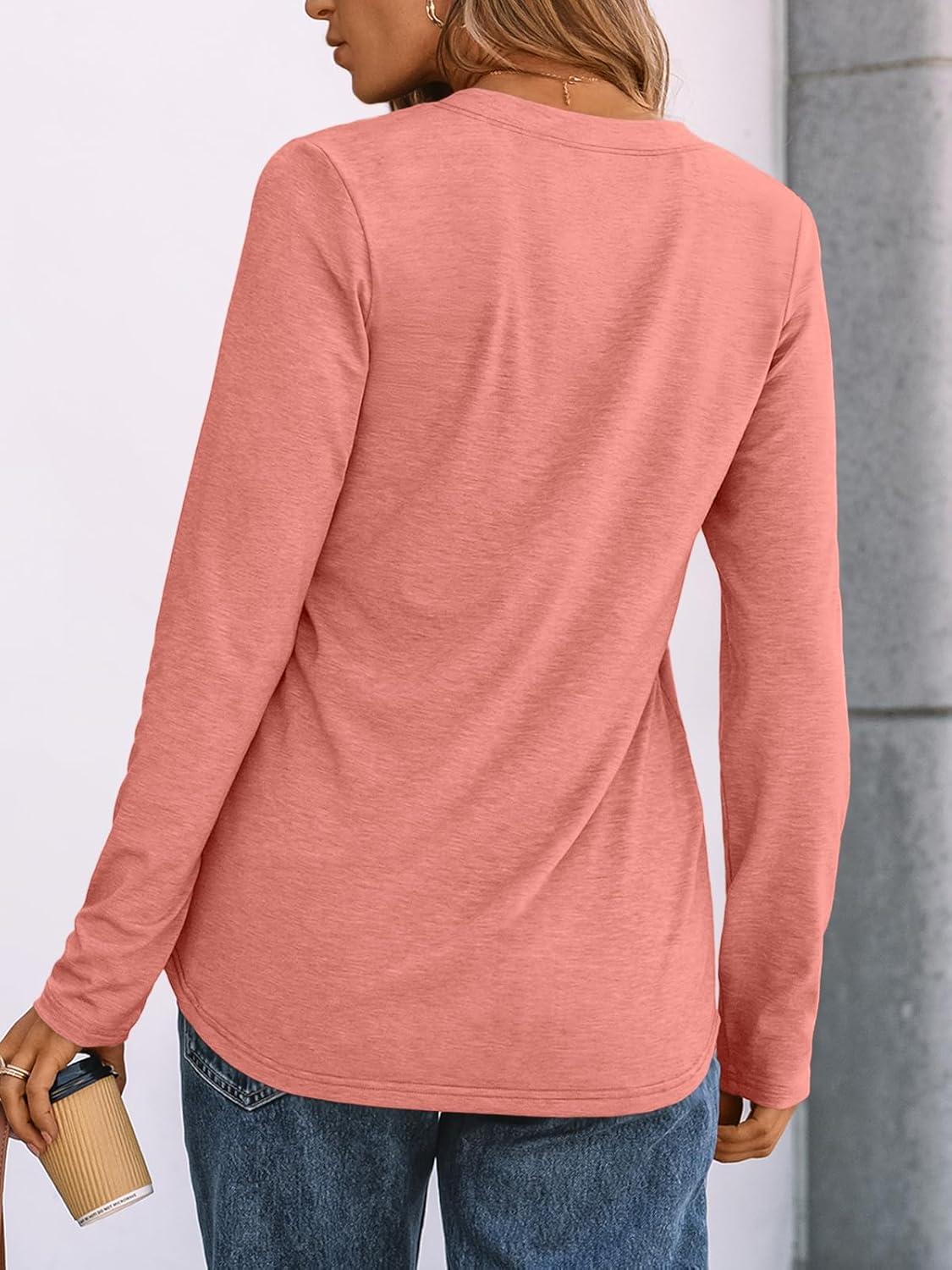 imageAUTOMET Womens Long Sleeve Shirts 2025 Fall Fashion Dressy Casual Tops Trendy Henley Blouses Cute Work Outfits ClothesCoral