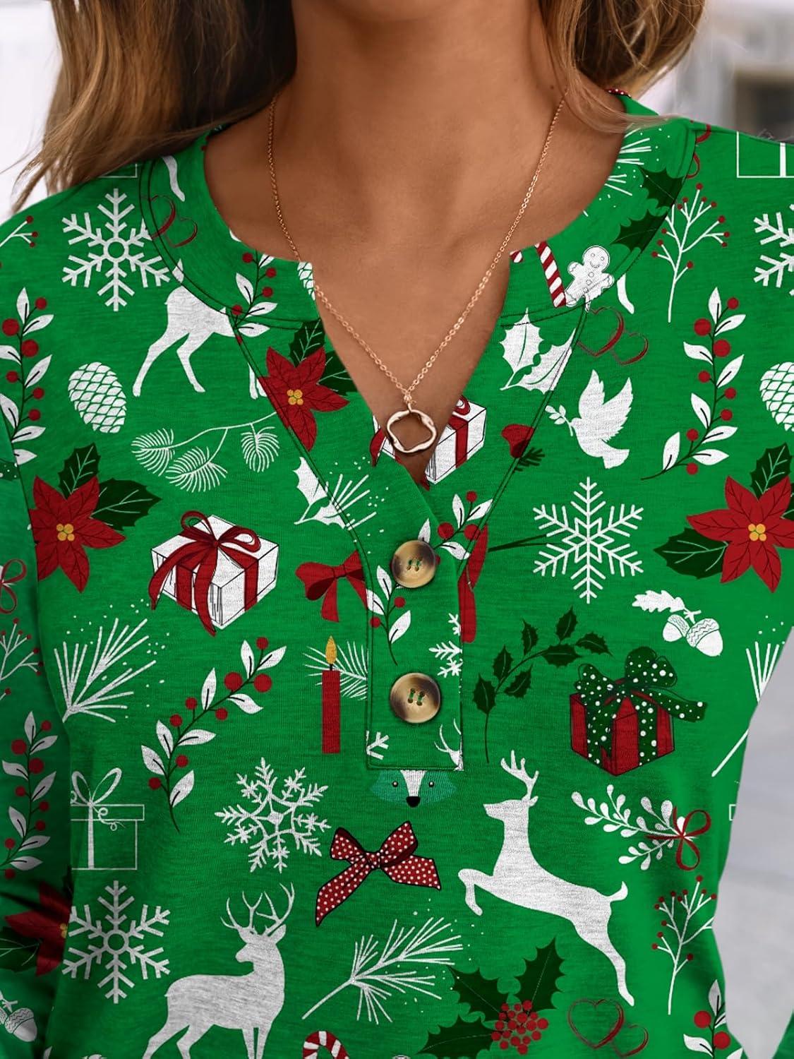 imageAUTOMET Womens Long Sleeve Shirts 2025 Fall Fashion Dressy Casual Tops Trendy Henley Blouses Cute Work Outfits ClothesGreen Christmas Print