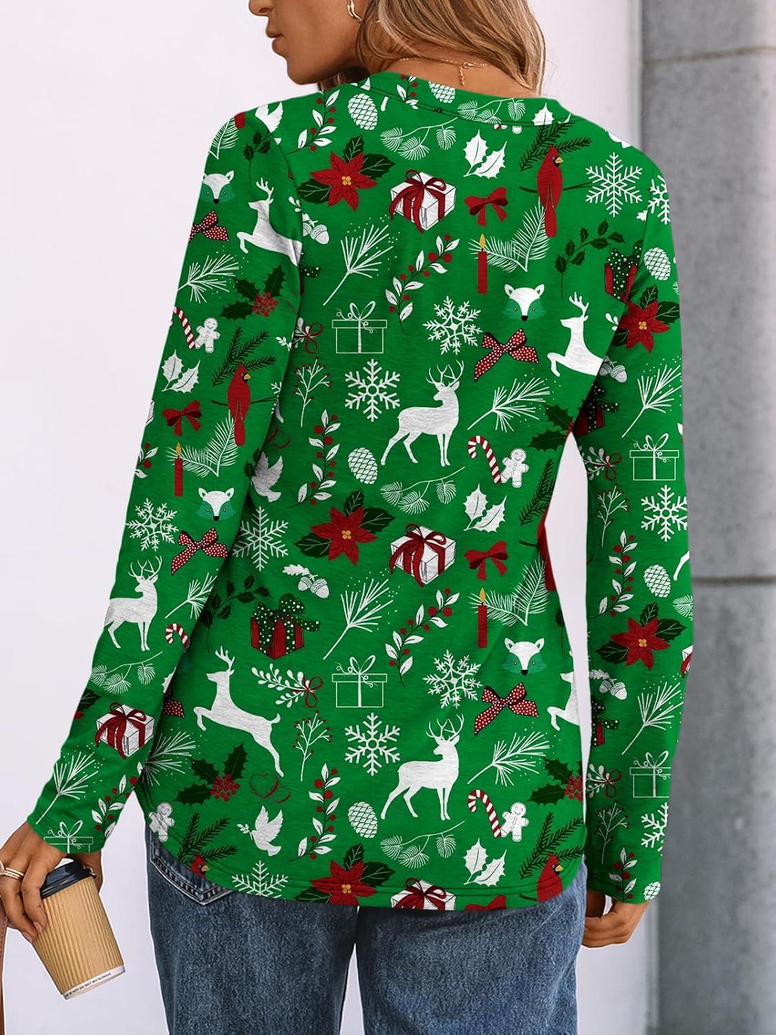 imageAUTOMET Womens Long Sleeve Shirts 2025 Fall Fashion Dressy Casual Tops Trendy Henley Blouses Cute Work Outfits ClothesGreen Christmas Print