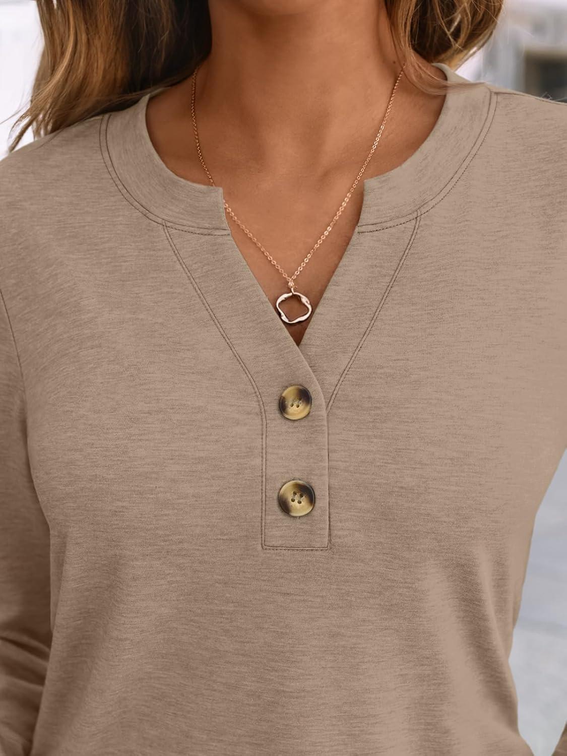 imageAUTOMET Womens Long Sleeve Shirts 2025 Fall Fashion Dressy Casual Tops Trendy Henley Blouses Cute Work Outfits ClothesKhaki