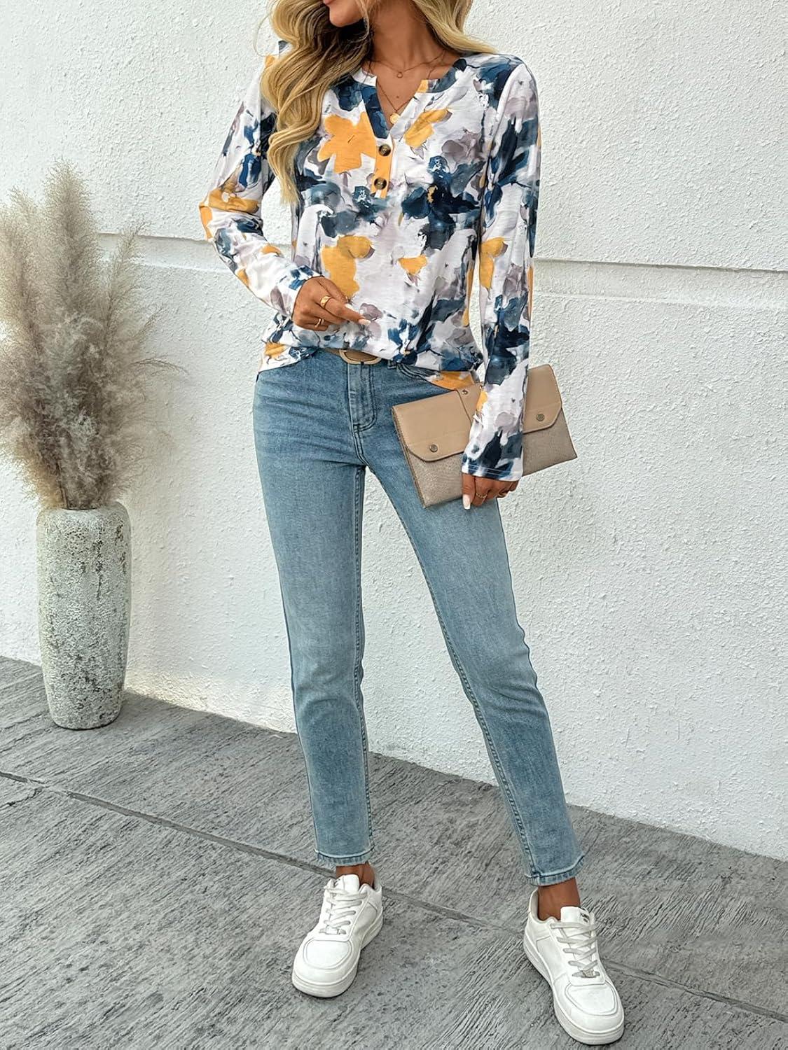 imageAUTOMET Womens Long Sleeve Shirts 2025 Fall Fashion Dressy Casual Tops Trendy Henley Blouses Cute Work Outfits ClothesMulti Watercolor