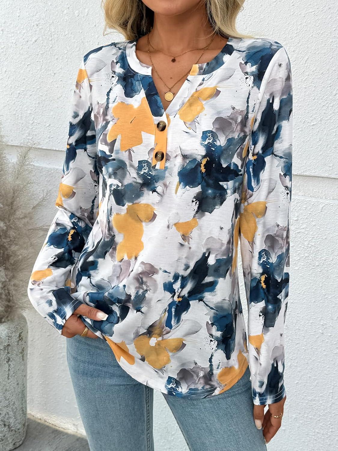 imageAUTOMET Womens Long Sleeve Shirts 2025 Fall Fashion Dressy Casual Tops Trendy Henley Blouses Cute Work Outfits ClothesMulti Watercolor