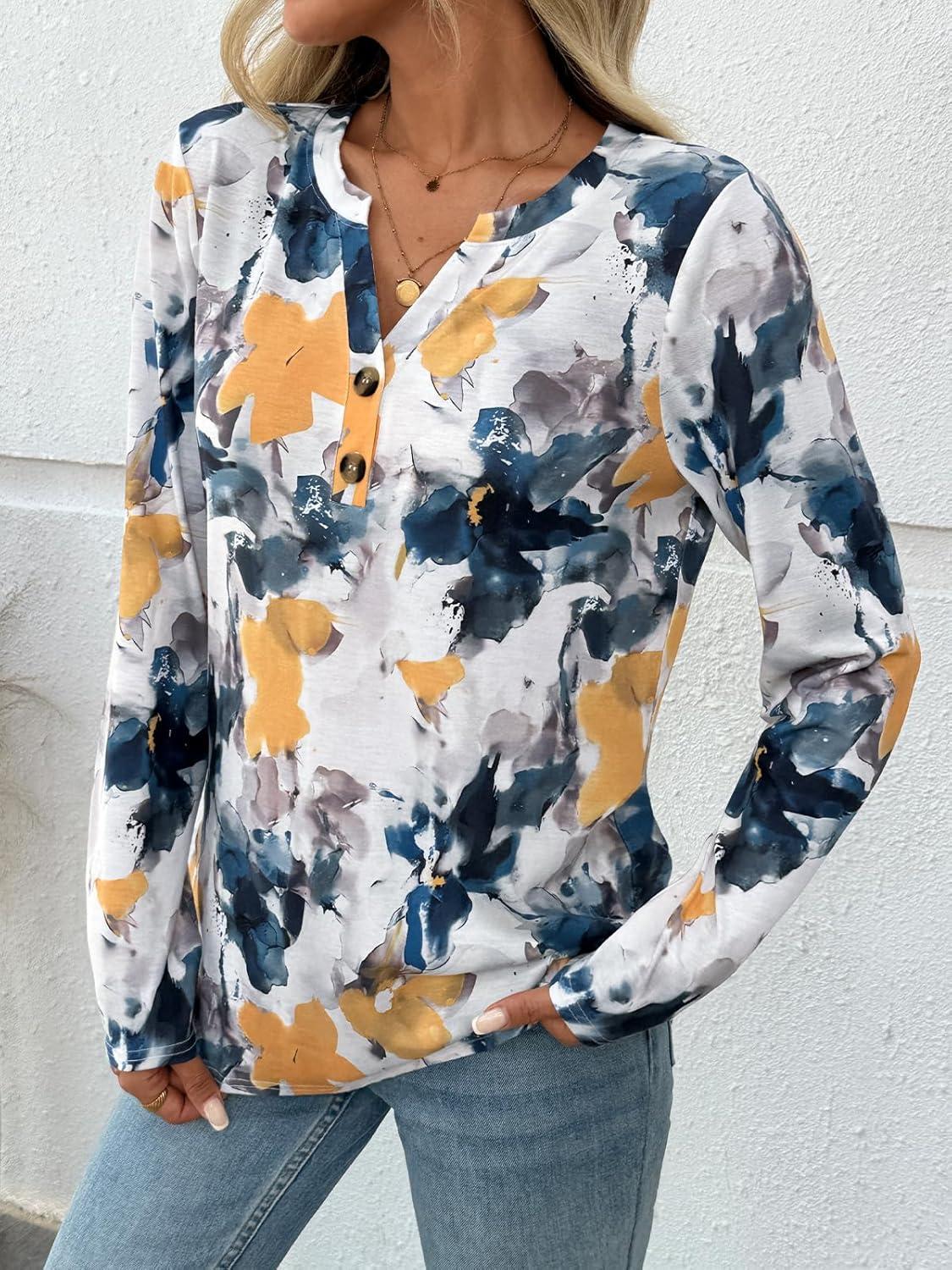 imageAUTOMET Womens Long Sleeve Shirts 2025 Fall Fashion Dressy Casual Tops Trendy Henley Blouses Cute Work Outfits ClothesMulti Watercolor