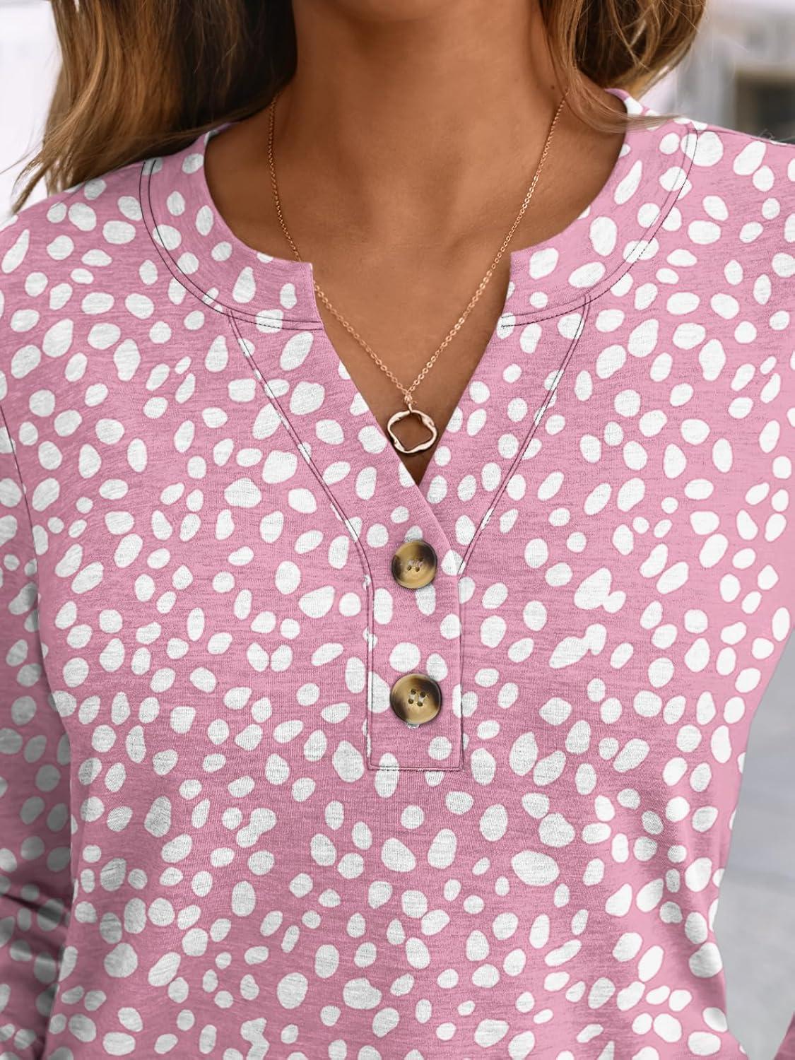 imageAUTOMET Womens Long Sleeve Shirts 2025 Fall Fashion Dressy Casual Tops Trendy Henley Blouses Cute Work Outfits ClothesPink Dots