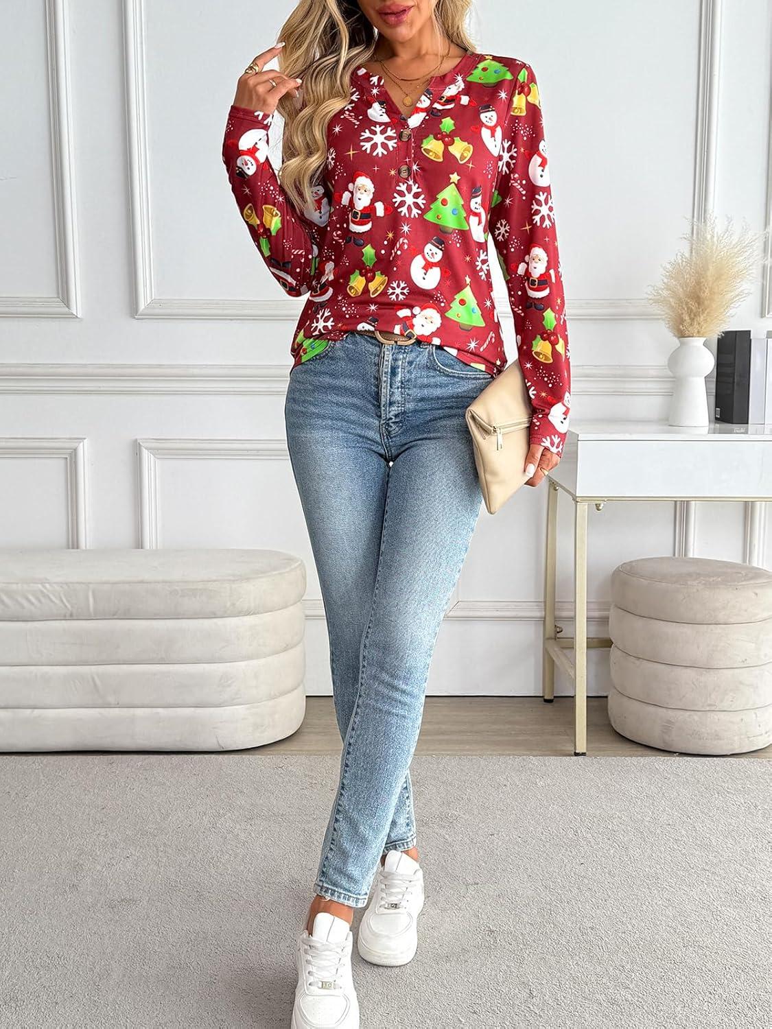 imageAUTOMET Womens Long Sleeve Shirts 2025 Fall Fashion Dressy Casual Tops Trendy Henley Blouses Cute Work Outfits ClothesRed Christmas Print