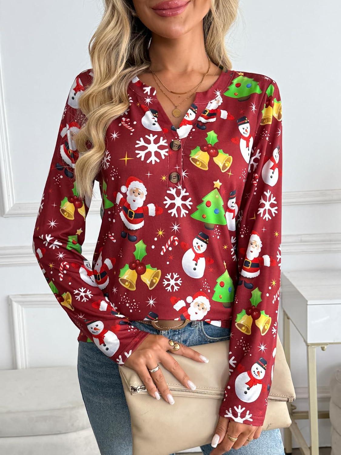 imageAUTOMET Womens Long Sleeve Shirts 2025 Fall Fashion Dressy Casual Tops Trendy Henley Blouses Cute Work Outfits ClothesRed Christmas Print