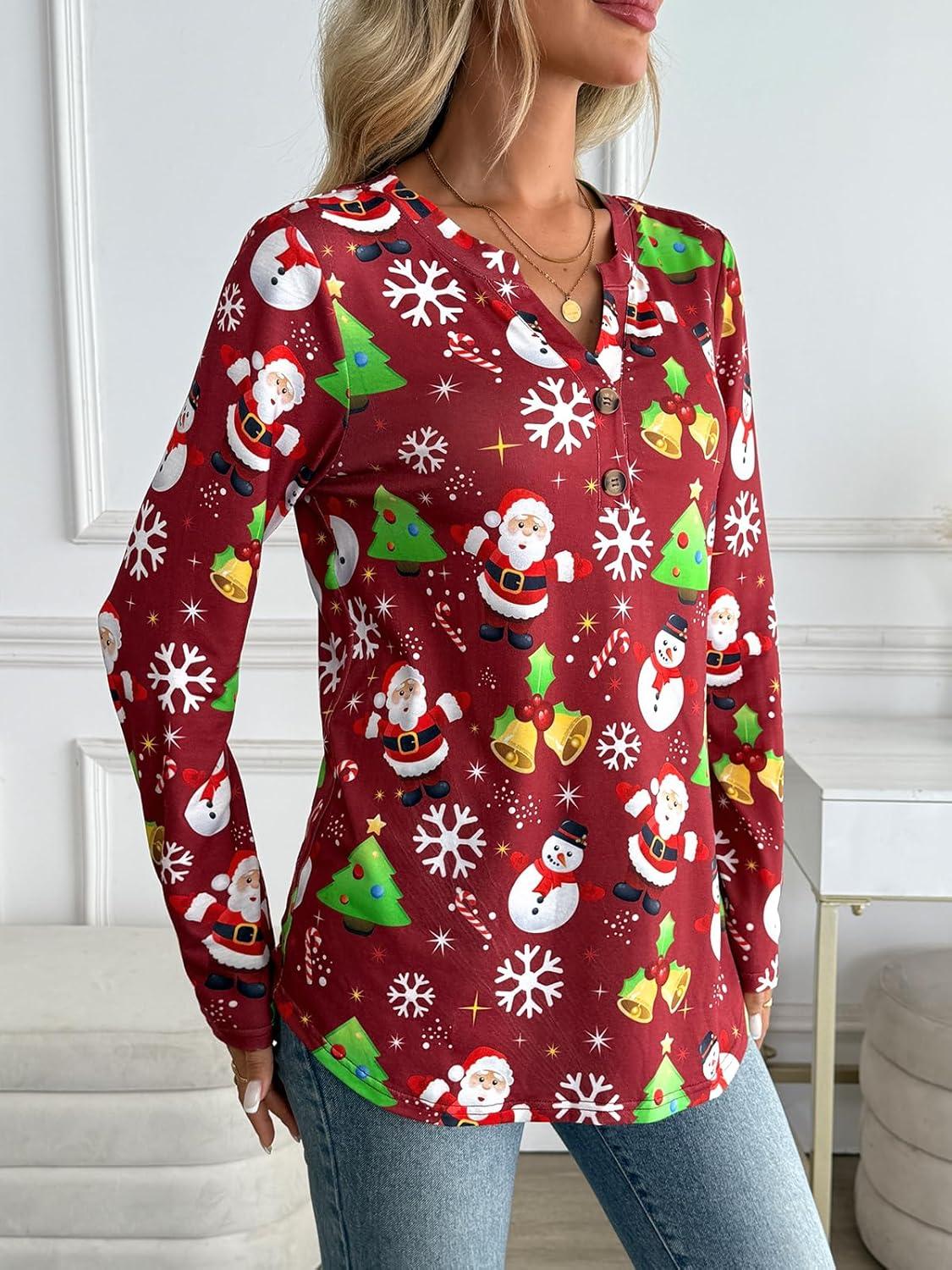 imageAUTOMET Womens Long Sleeve Shirts 2025 Fall Fashion Dressy Casual Tops Trendy Henley Blouses Cute Work Outfits ClothesRed Christmas Print