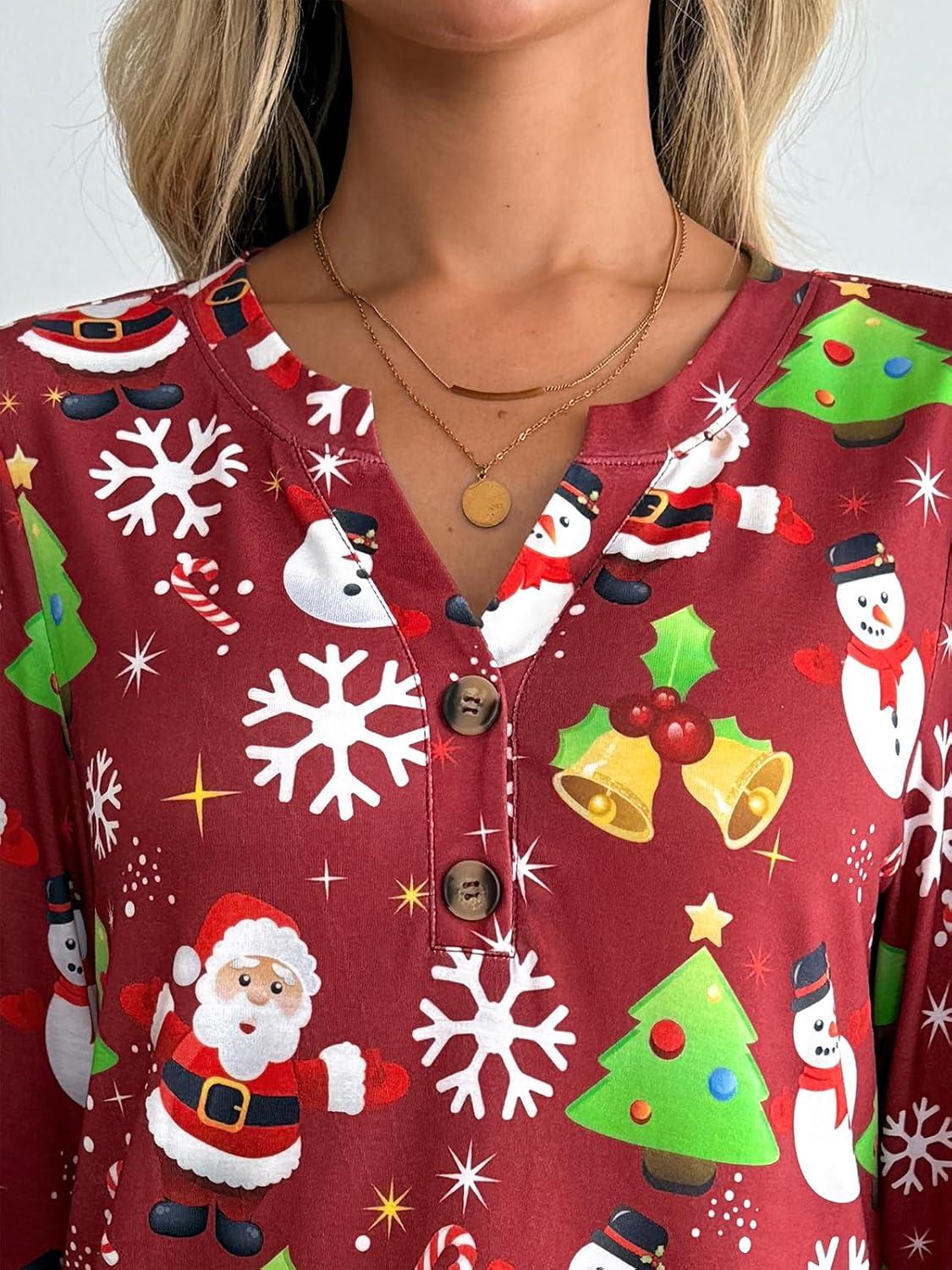 imageAUTOMET Womens Long Sleeve Shirts 2025 Fall Fashion Dressy Casual Tops Trendy Henley Blouses Cute Work Outfits ClothesRed Christmas Print
