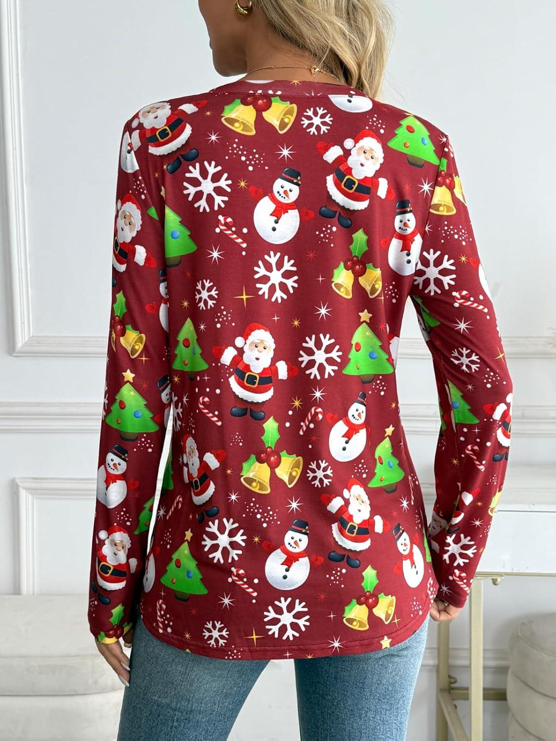 imageAUTOMET Womens Long Sleeve Shirts 2025 Fall Fashion Dressy Casual Tops Trendy Henley Blouses Cute Work Outfits ClothesRed Christmas Print