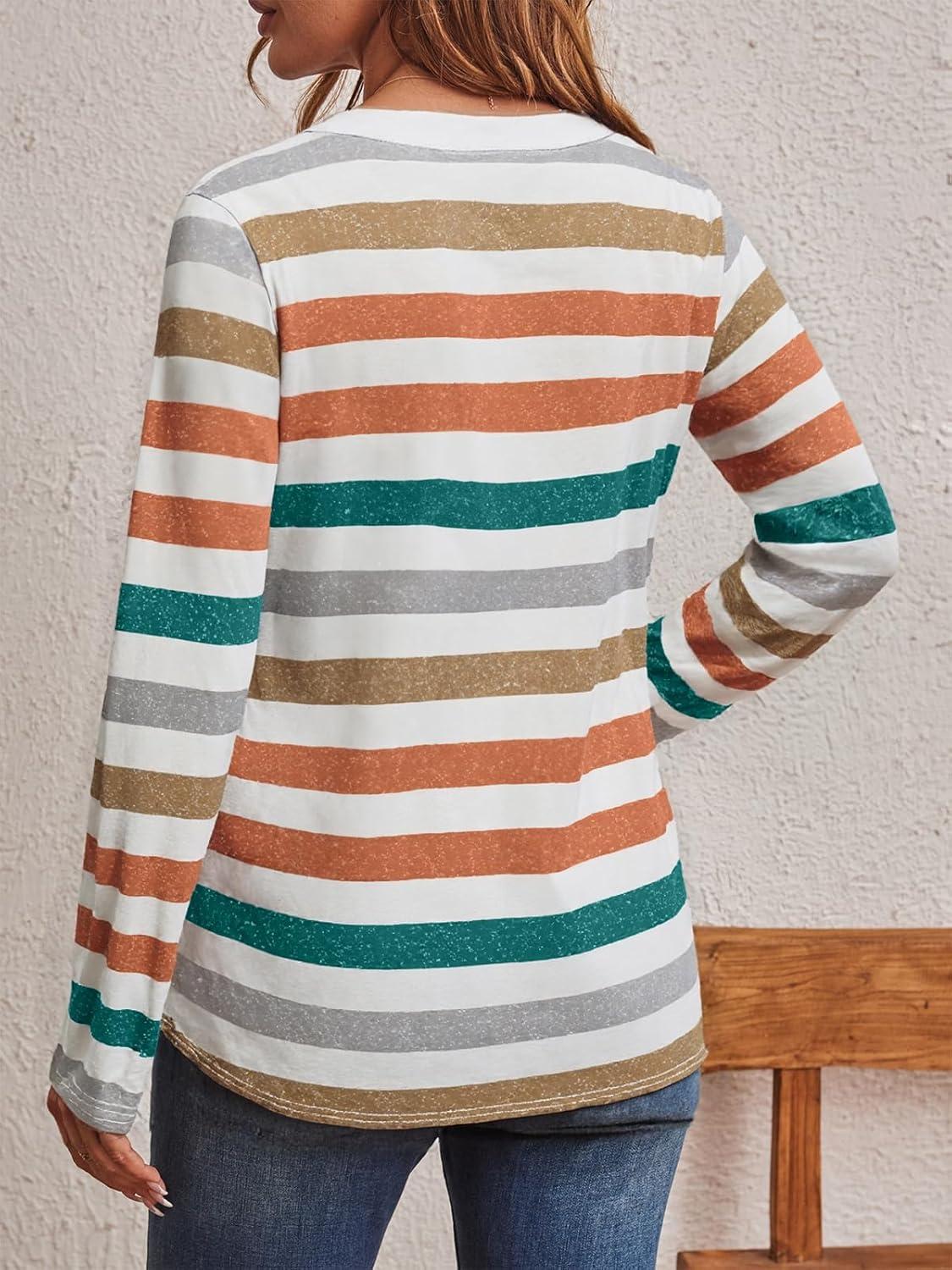 imageAUTOMET Womens Long Sleeve Shirts 2025 Fall Fashion Dressy Casual Tops Trendy Henley Blouses Cute Work Outfits ClothesStriped Orange