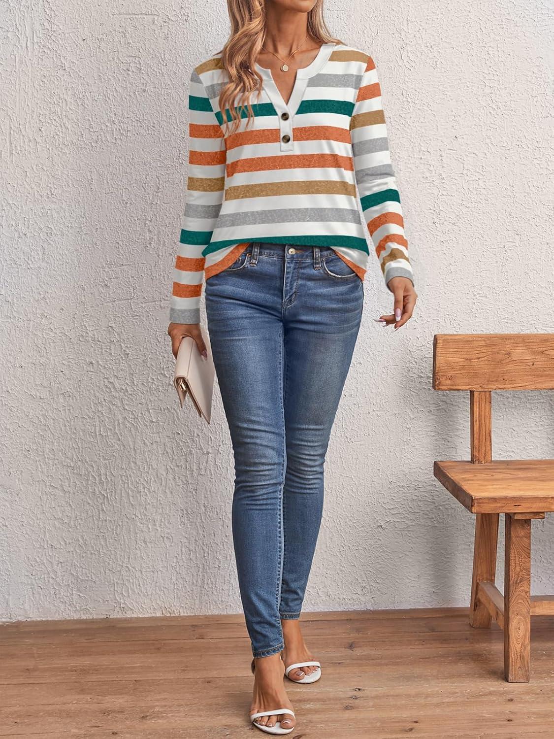 imageAUTOMET Womens Long Sleeve Shirts 2025 Fall Fashion Dressy Casual Tops Trendy Henley Blouses Cute Work Outfits ClothesStriped Orange