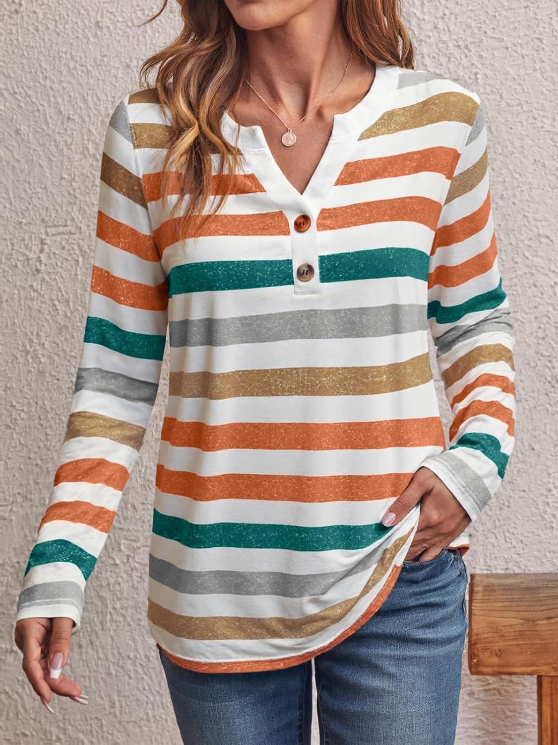 imageAUTOMET Womens Long Sleeve Shirts 2025 Fall Fashion Dressy Casual Tops Trendy Henley Blouses Cute Work Outfits ClothesStriped Orange