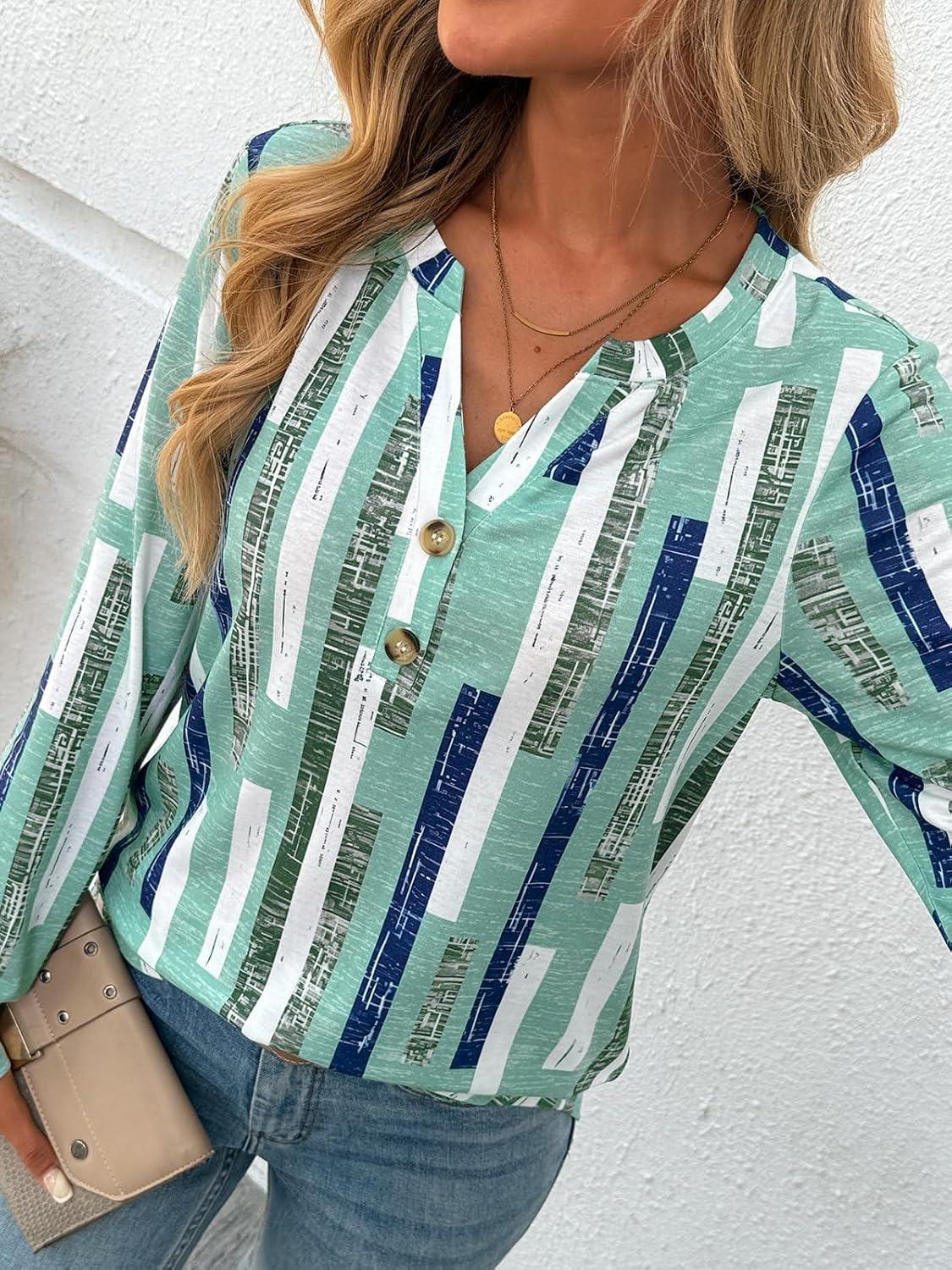 imageAUTOMET Womens Long Sleeve Shirts 2025 Fall Fashion Dressy Casual Tops Trendy Henley Blouses Cute Work Outfits ClothesStriped Teal